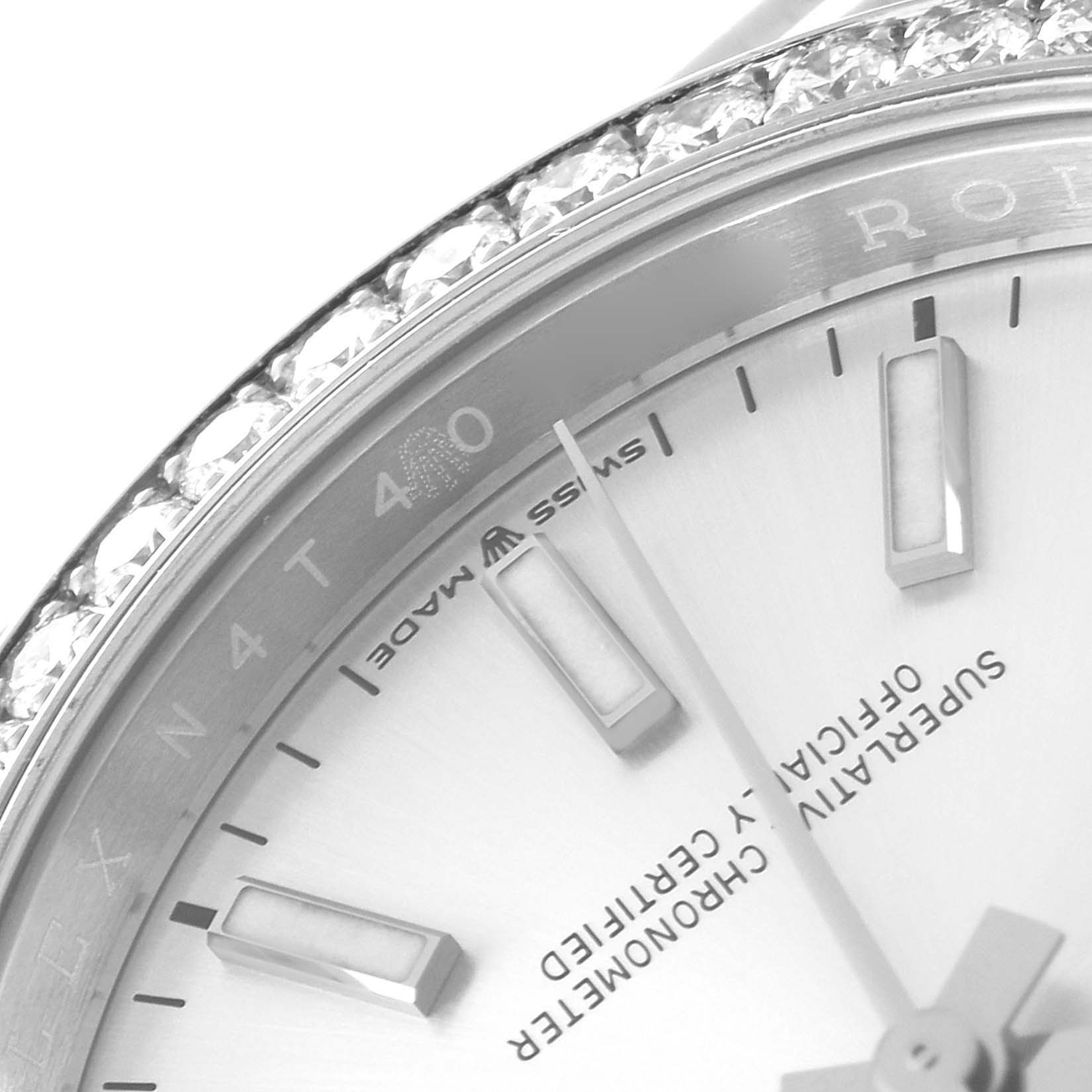 The image shows a close-up of the dial, bezel, and diamond-set frame of a Rolex Datejust 126284 Men's Stainless Steel Silver Dial 126284 Men's Stainless Steel Silver Dial watch.