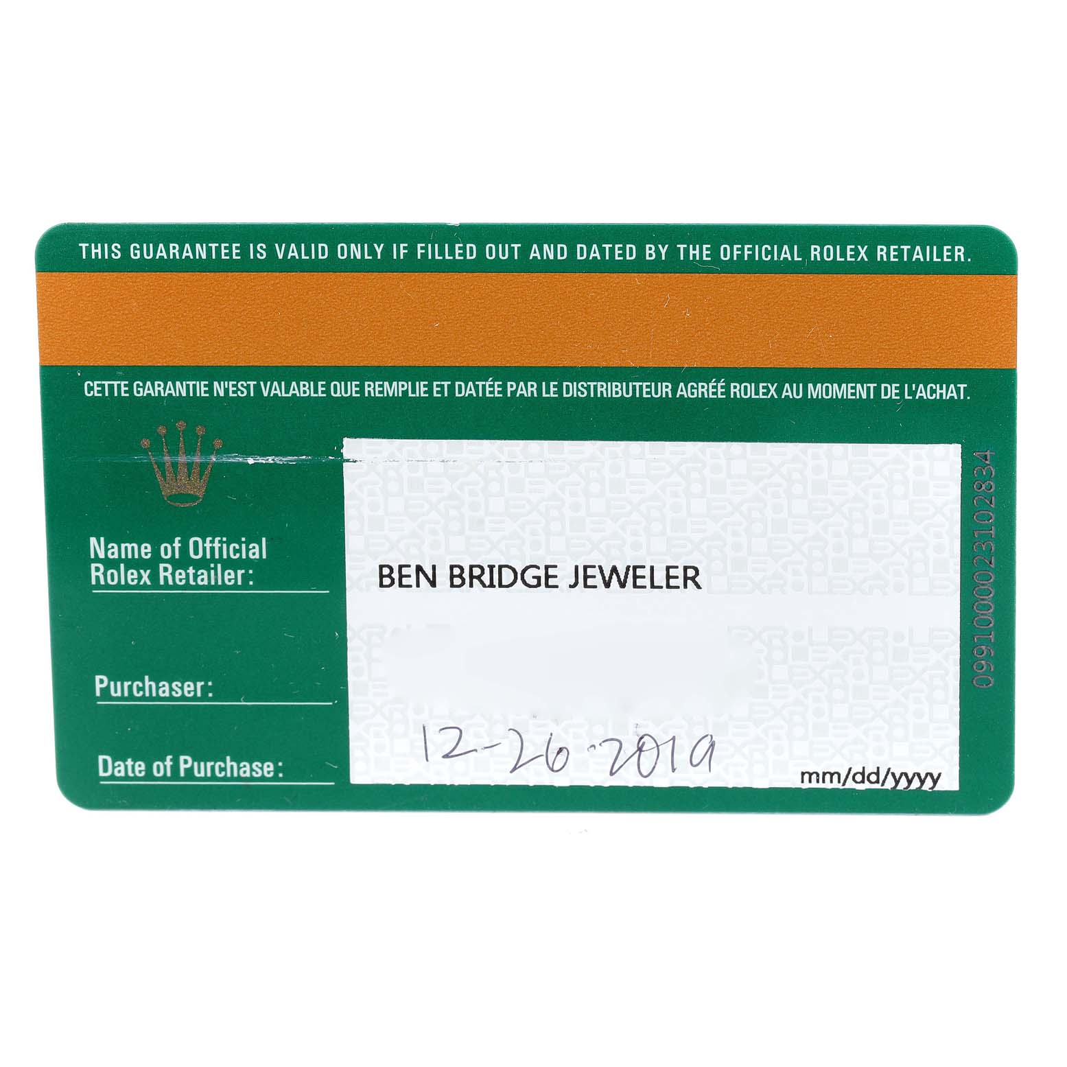 This image shows the warranty card of a Rolex Datejust 126284 Men's Stainless Steel Silver Dial 126284 Men's Stainless Steel Silver Dial watch, including purchase details and the name of the retailer.