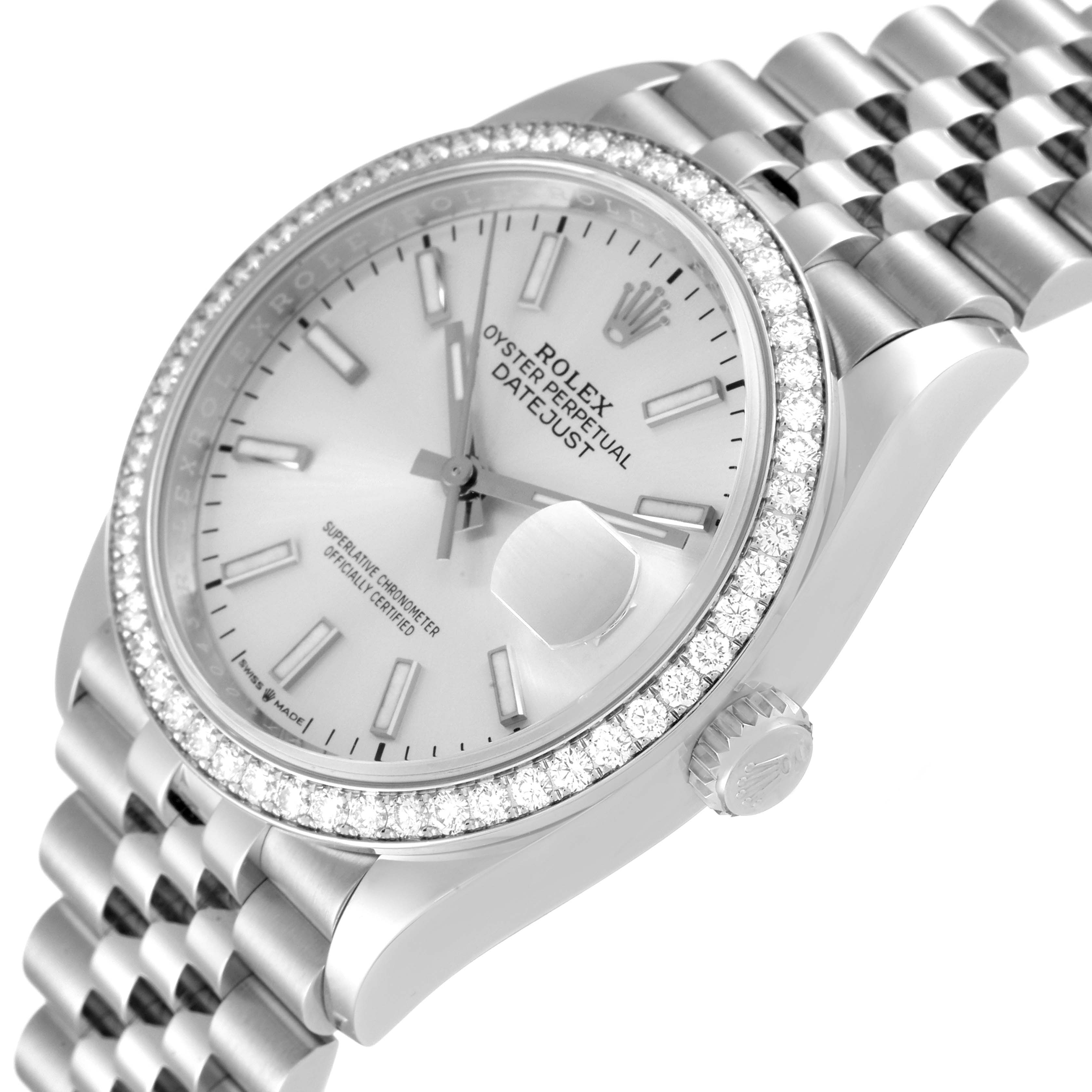 The image shows the face and bezel of a Rolex Datejust 126284 Men's Stainless Steel Silver Dial 126284 Men's Stainless Steel Silver Dial watch from an angled side view, highlighting the dial, hands, and part of the bracelet.