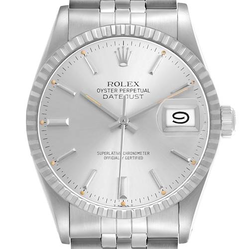 The Rolex Datejust 16030 Men's Stainless Steel Silver Dial watch is shown from the front, featuring its dial, hands, bezel, crown, and part of the bracelet.