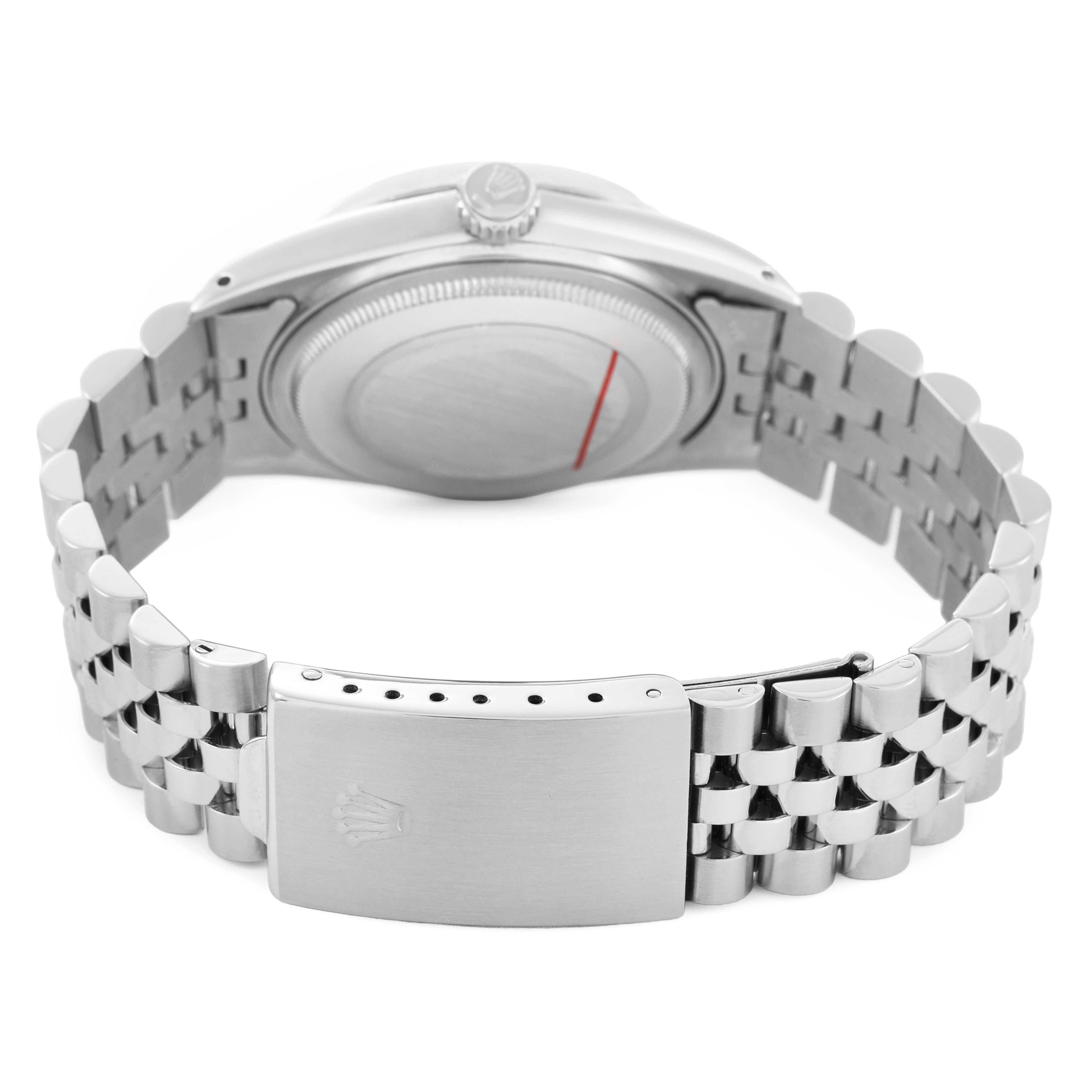 The image shows the back view of a Rolex Datejust 16030 Men's Stainless Steel Silver Dial watch, featuring the case back, crown, and jubilee bracelet with clasp.