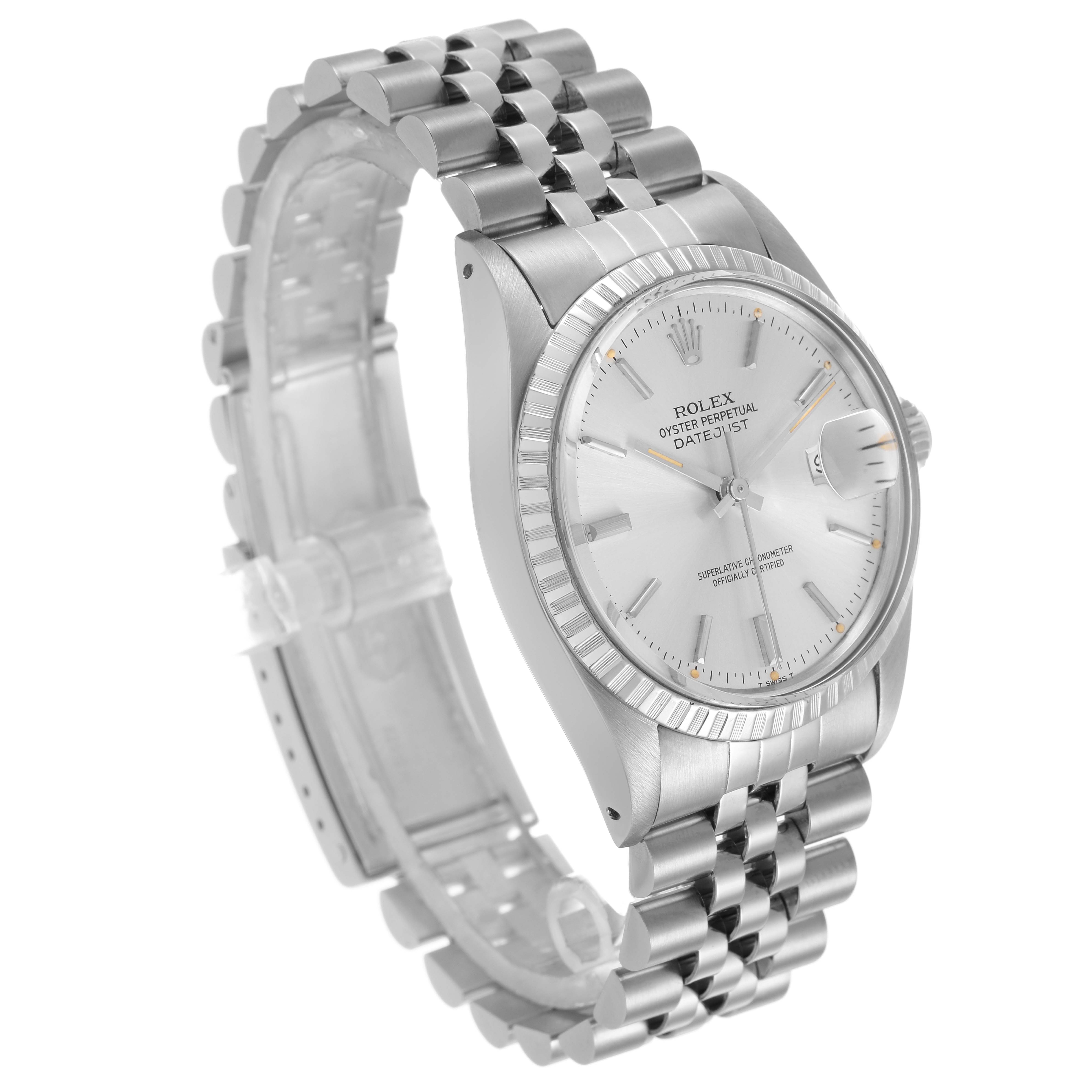 The Rolex Datejust 16030 Men's Stainless Steel Silver Dial watch is shown at a slight angle, highlighting its face, fluted bezel, and jubilee bracelet.