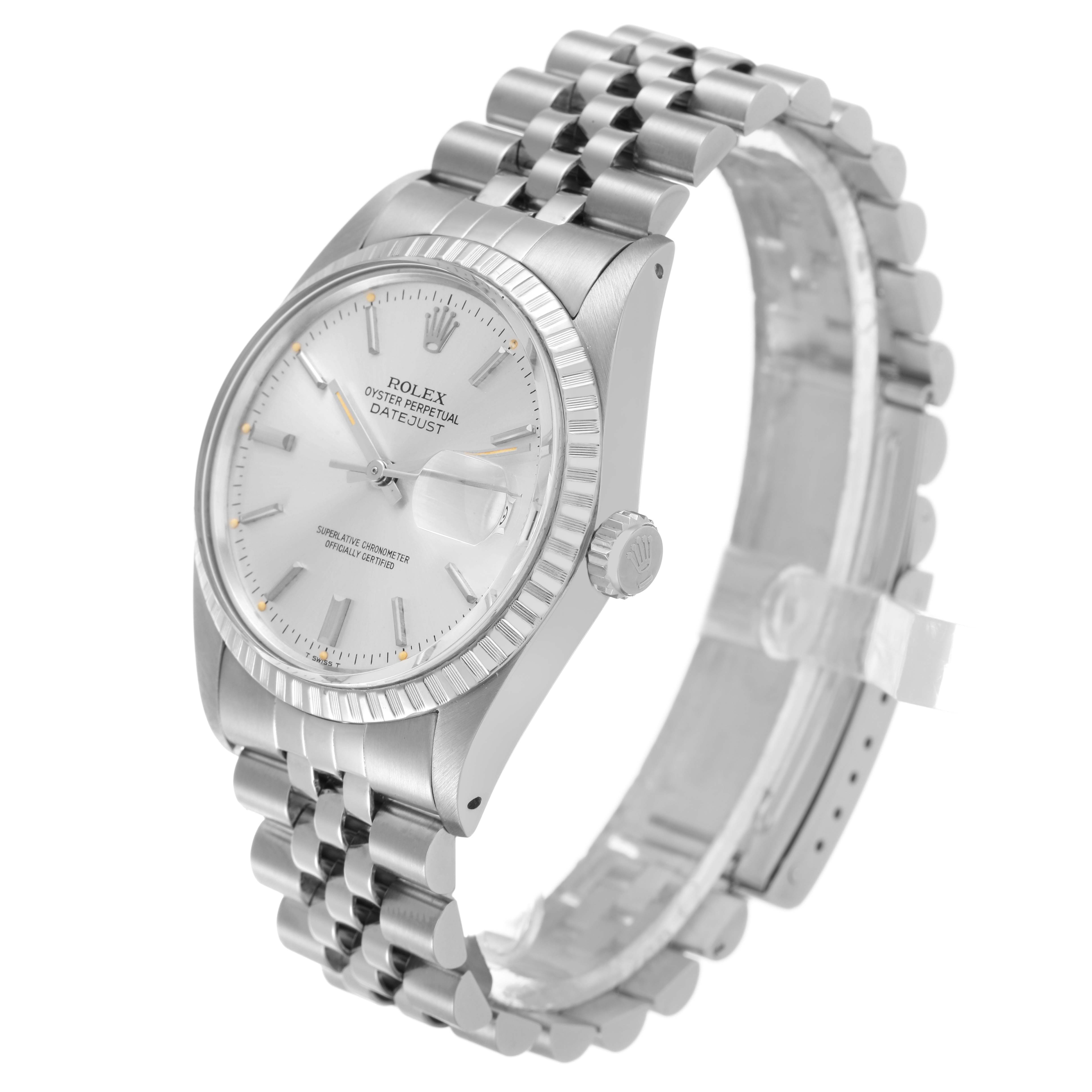 The Rolex Datejust 16030 Men's Stainless Steel Silver Dial watch is shown at a side angle, highlighting the dial, bezel, crown, and jubilee bracelet.