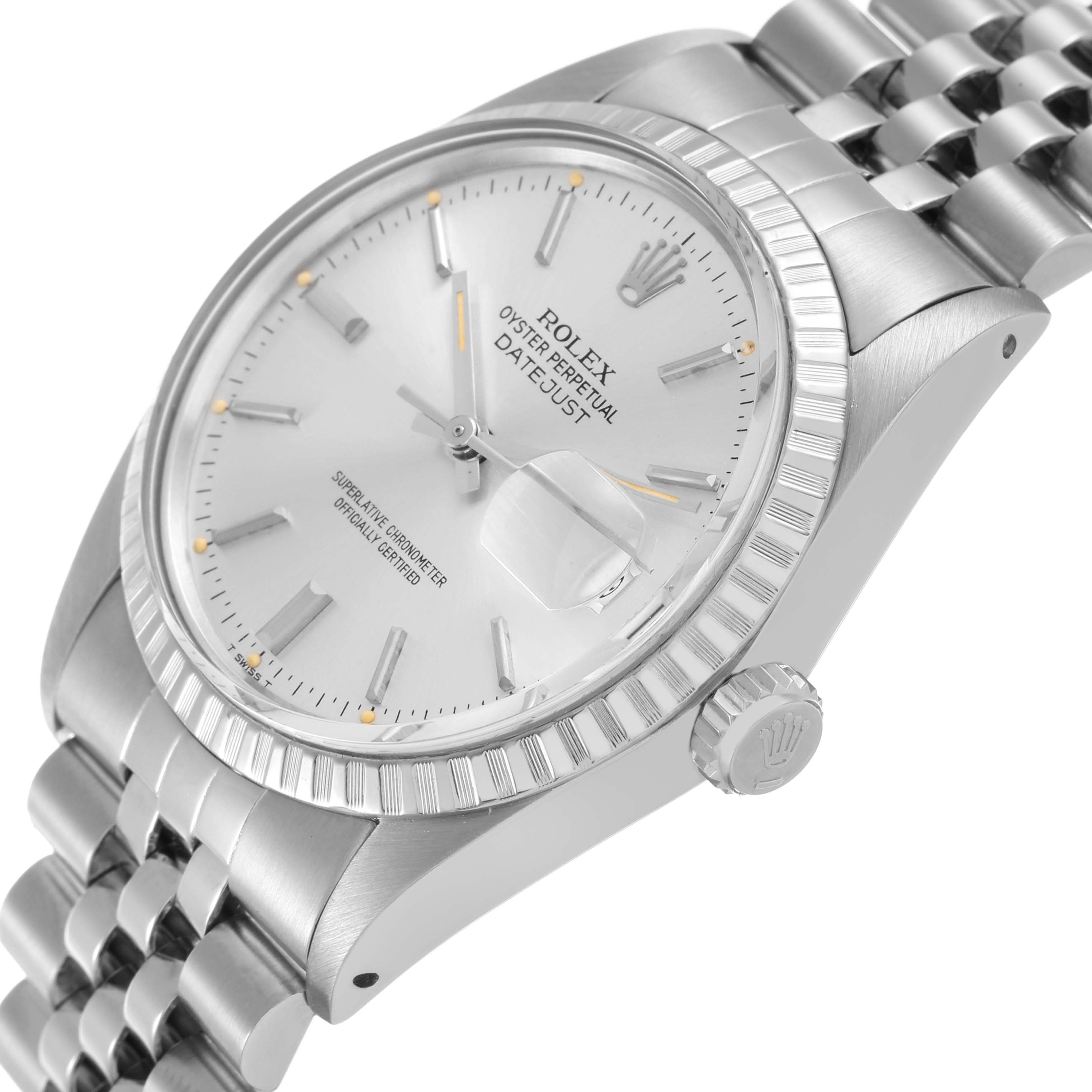 The Rolex Datejust 16030 Men's Stainless Steel Silver Dial watch is shown at a slight angle, displaying the dial, fluted bezel, and part of the bracelet.