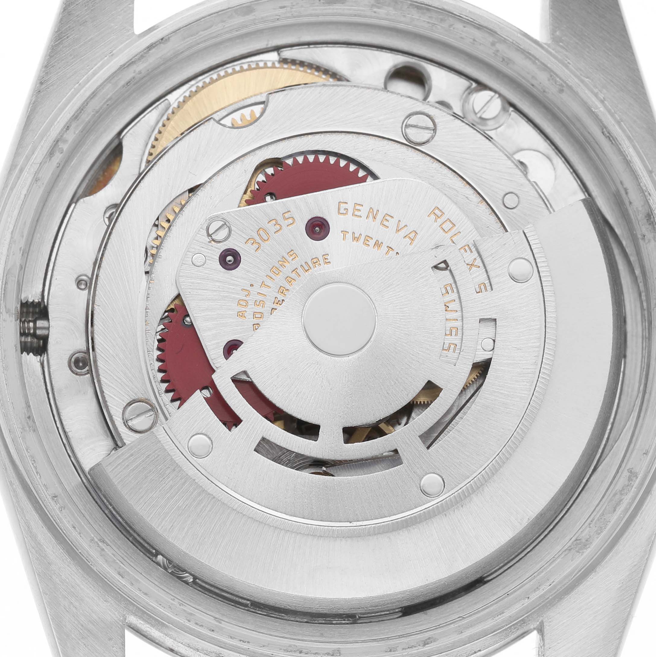 The image shows the movement mechanism of a Rolex Datejust 16030 Men's Stainless Steel Silver Dial watch from a back angle.