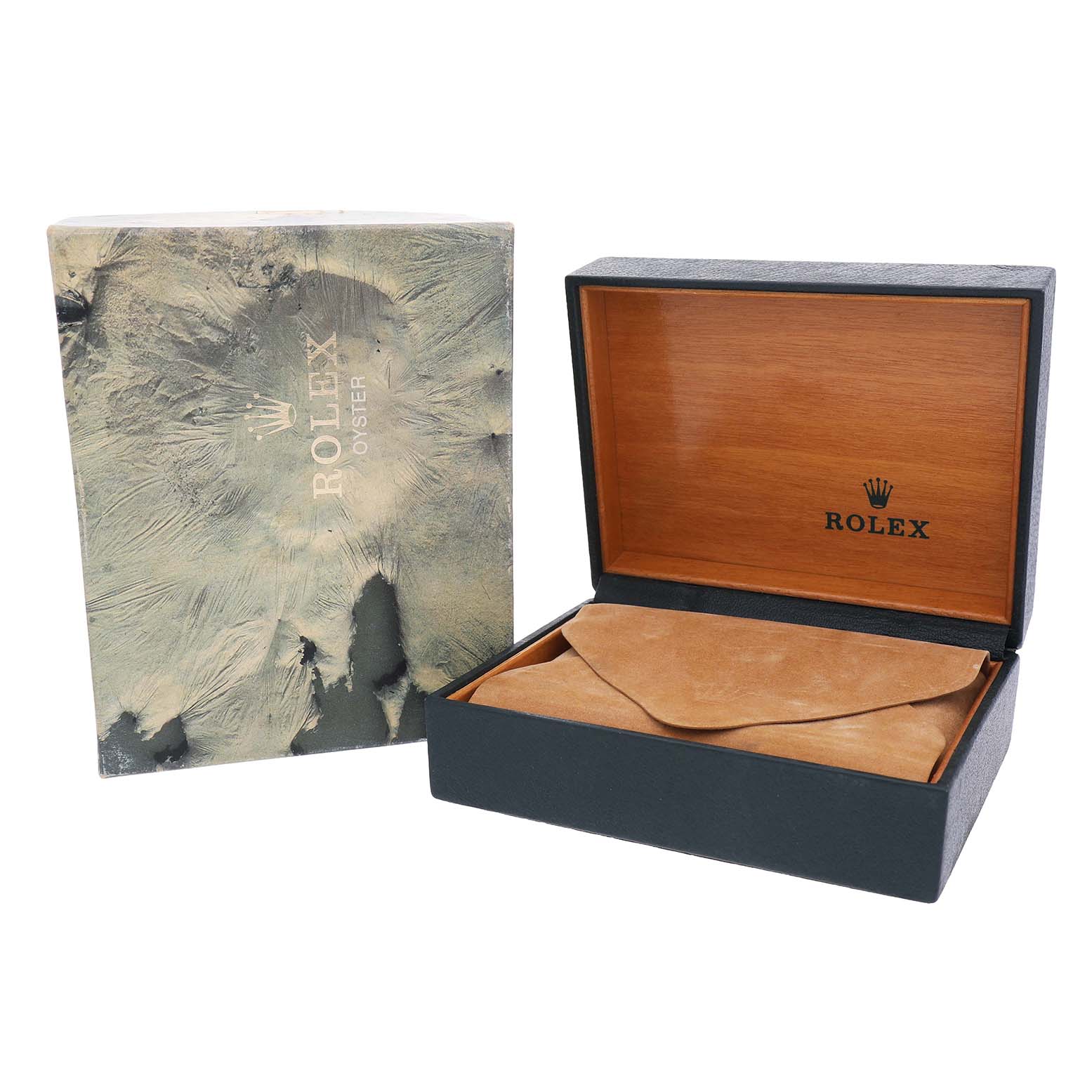 The image shows a Rolex Datejust 16030 Men's Stainless Steel Silver Dial box and packaging with the lid open, revealing the interior and a leather pouch inside.