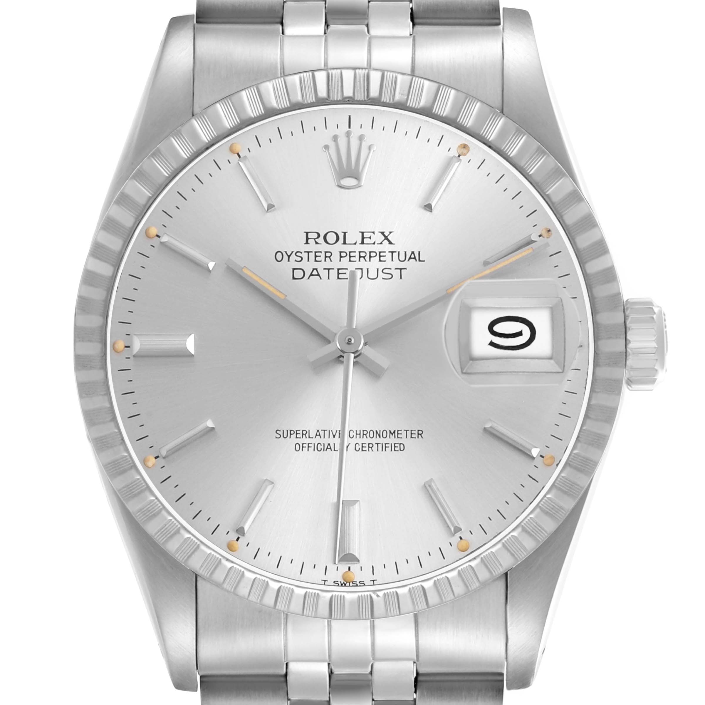 The Rolex Datejust 16030 Men's Stainless Steel Silver Dial watch is shown from a front angle, highlighting its dial, bezel, crown, and part of the bracelet.