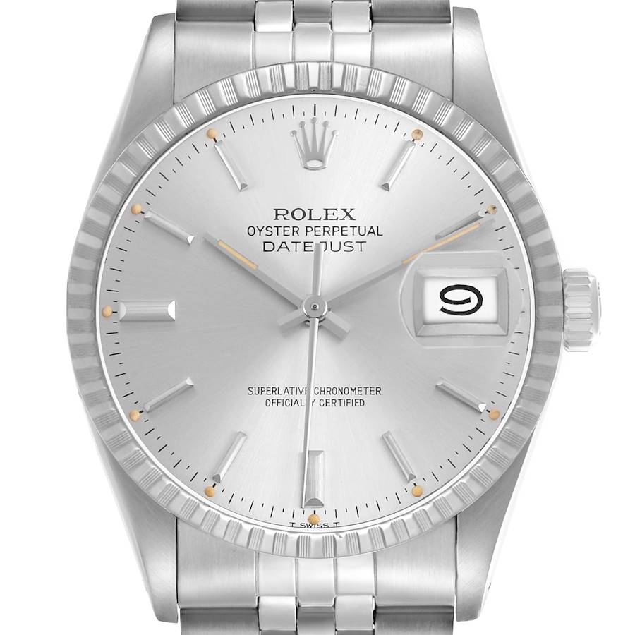 The Rolex Datejust 16030 Men's Stainless Steel Silver Dial watch is shown from a front angle, highlighting its dial, bezel, crown, and part of the bracelet.