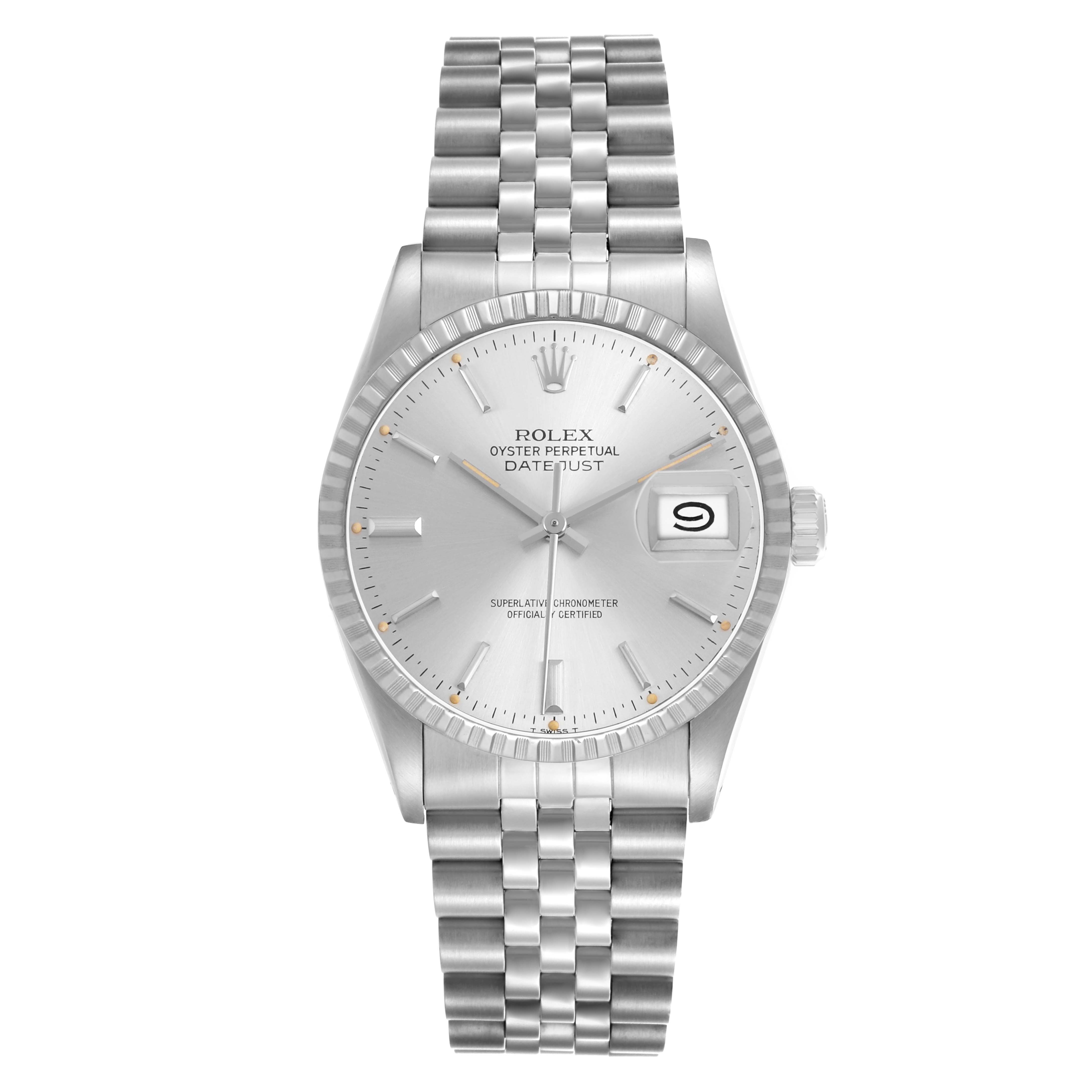The Rolex Datejust 16030 Men's Stainless Steel Silver Dial watch is shown from a front angle, highlighting the dial, bezel, bracelet, and date window.