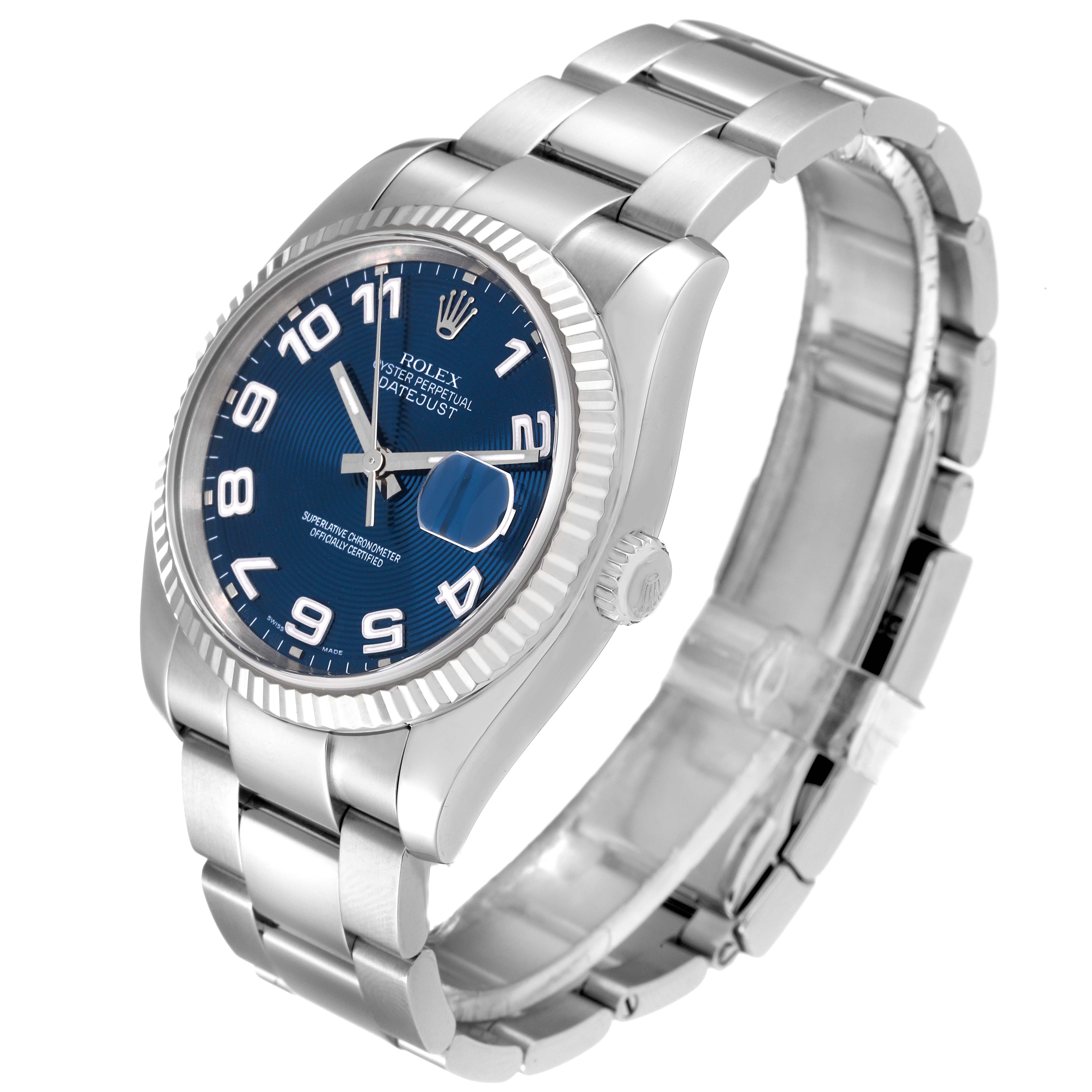 This image shows a Rolex Datejust 116234 Men's Stainless Steel Blue Dial 116234 Men's Stainless Steel Blue Dial watch at a three-quarter angle featuring its blue dial, fluted bezel, and stainless steel bracelet.
