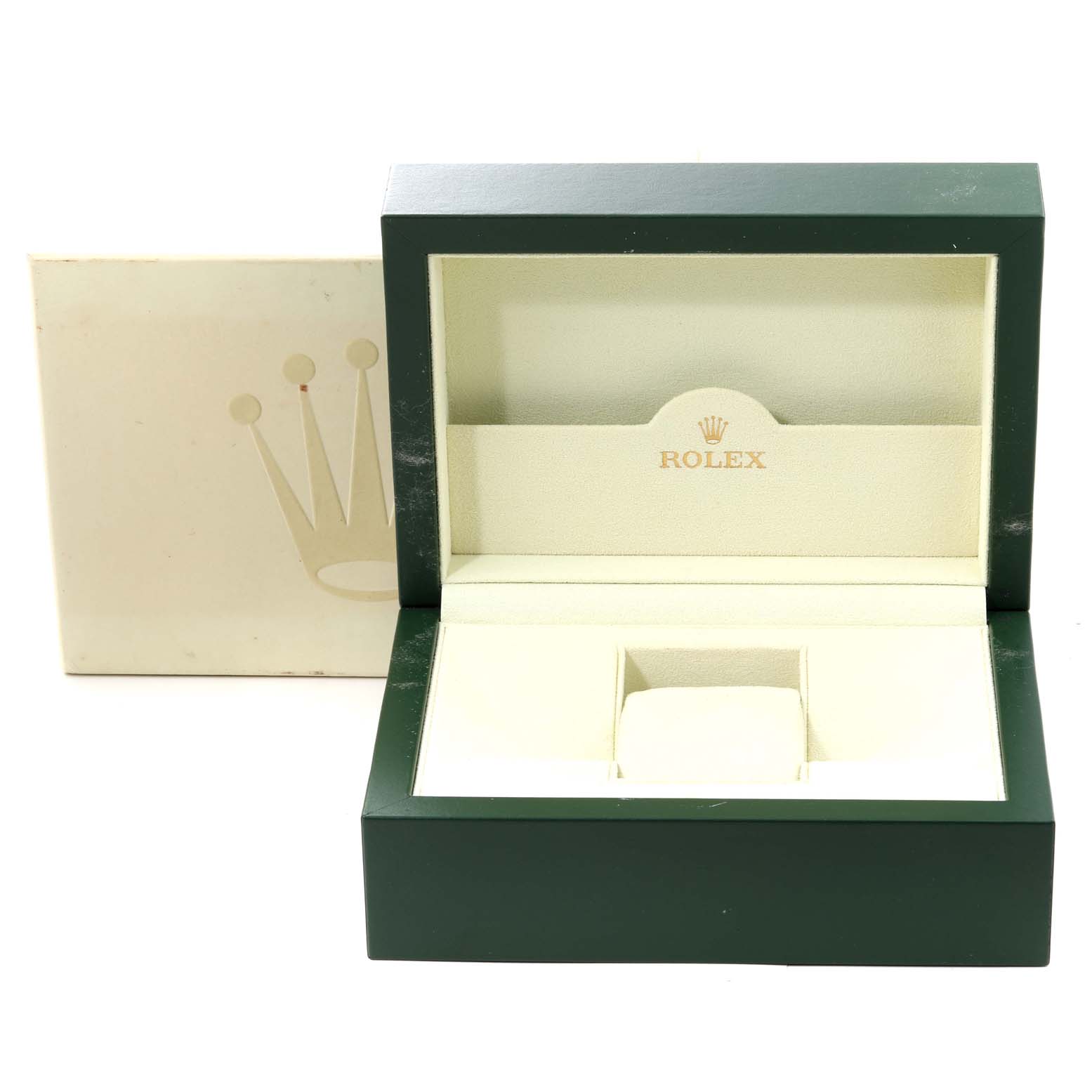 This image shows an open Rolex Datejust 116234 Men's Stainless Steel Blue Dial 116234 Men's Stainless Steel Blue Dial watch box and its outer packaging, both at a straight-on angle.