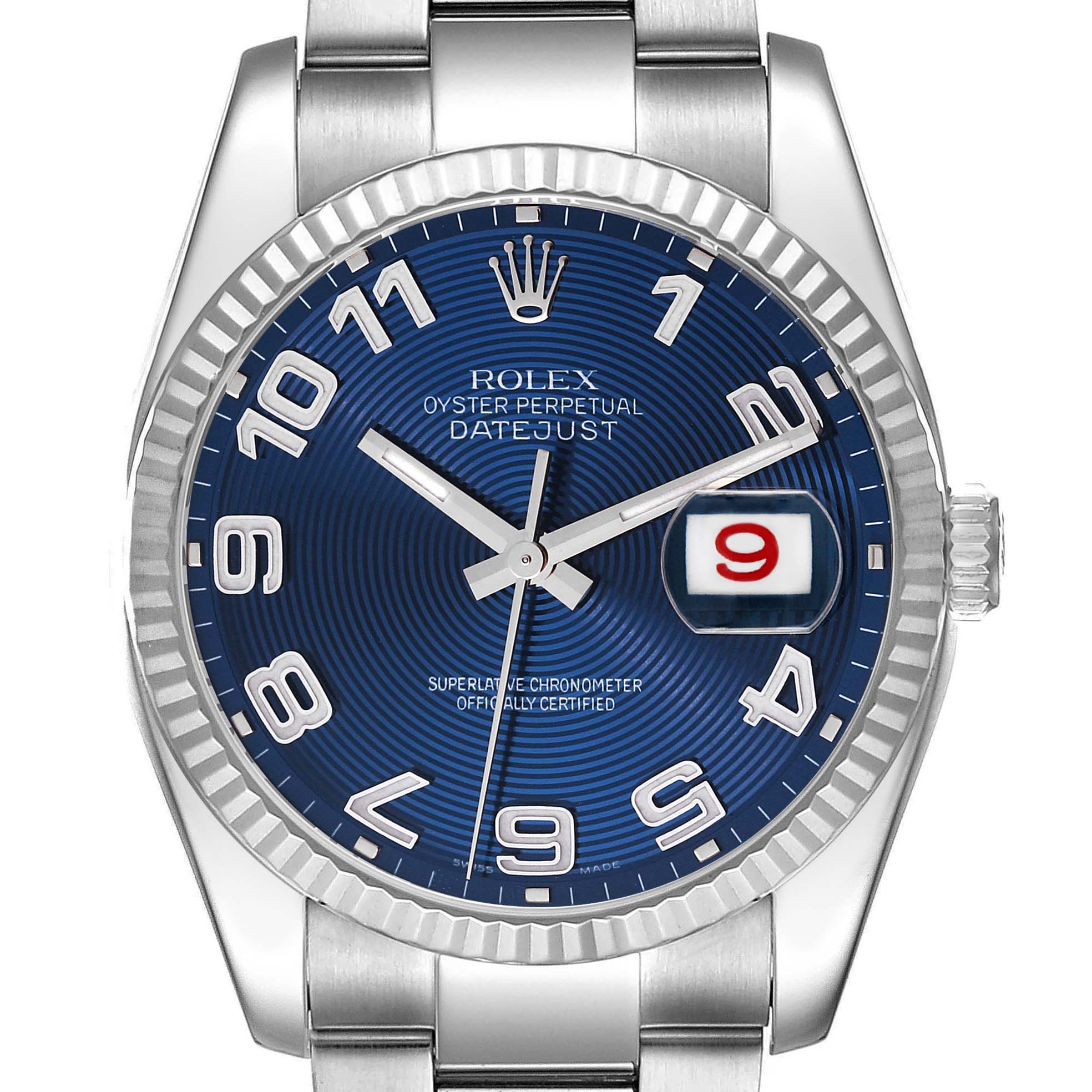 The image shows a full frontal view of a Rolex Datejust 116234 Men's Stainless Steel Blue Dial 116234 Men's Stainless Steel Blue Dial watch, highlighting its dial, hands, and date window.
