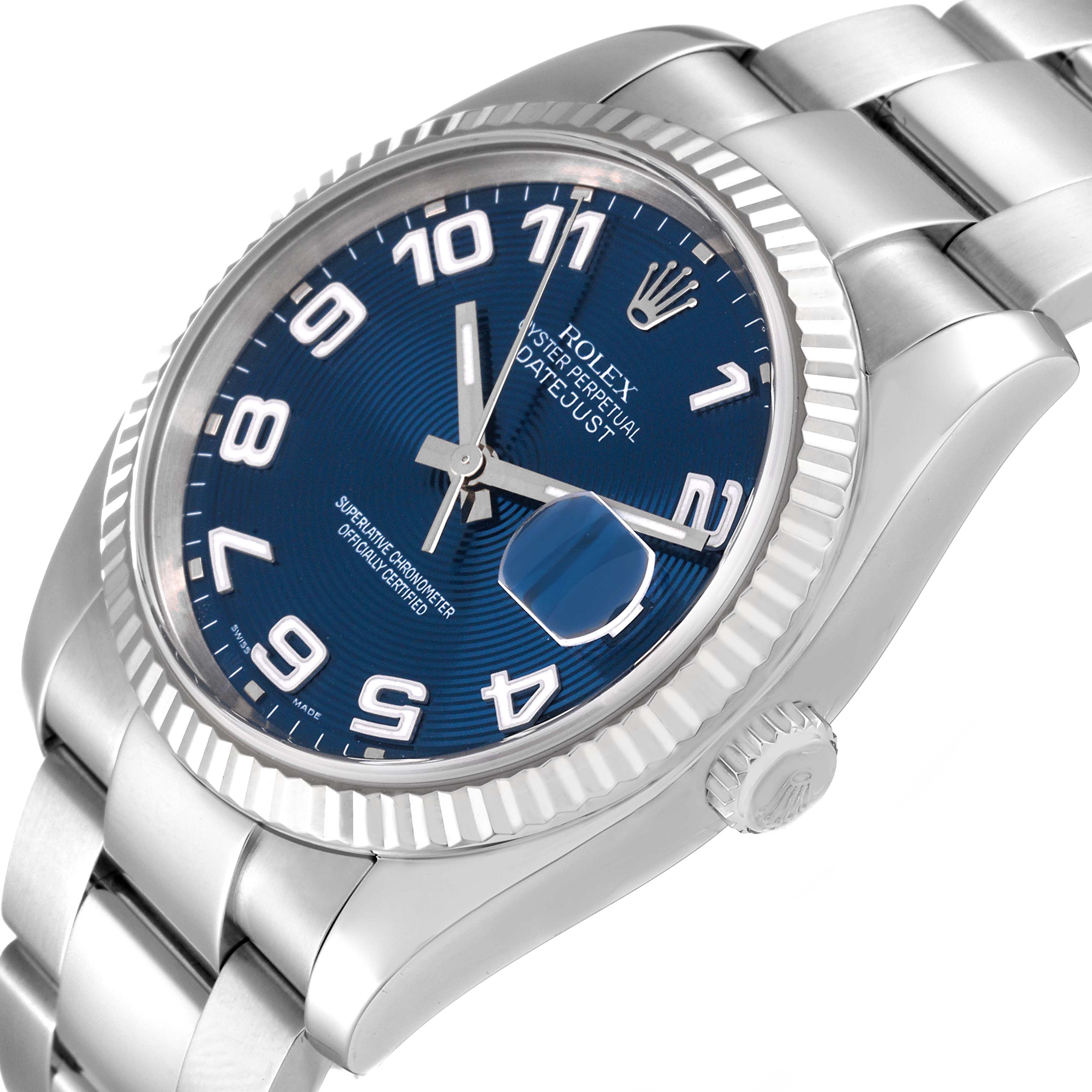 This image shows a close-up angle of a Rolex Datejust 116234 Men's Stainless Steel Blue Dial 116234 Men's Stainless Steel Blue Dial watch, highlighting its blue dial, fluted bezel, and part of the metal bracelet.