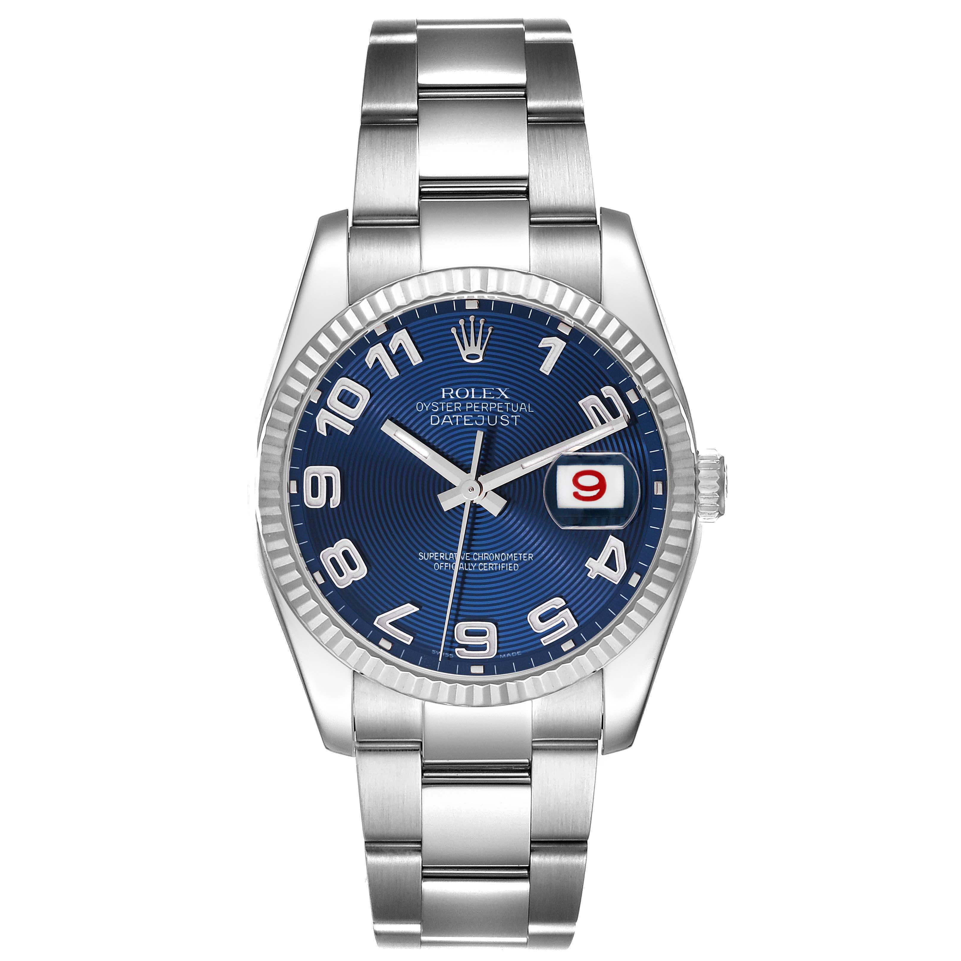This image shows a front view of the Rolex Datejust 116234 Men's Stainless Steel Blue Dial 116234 Men's Stainless Steel Blue Dial watch, featuring a blue dial, stainless steel band, and date window.