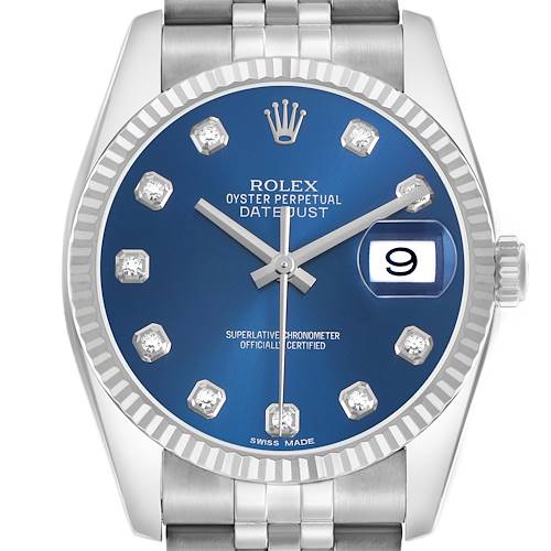 The Rolex Datejust 116234 Men's Stainless Steel Blue Dial watch is shown from a front angle, highlighting the blue dial, diamond hour markers, and date window.