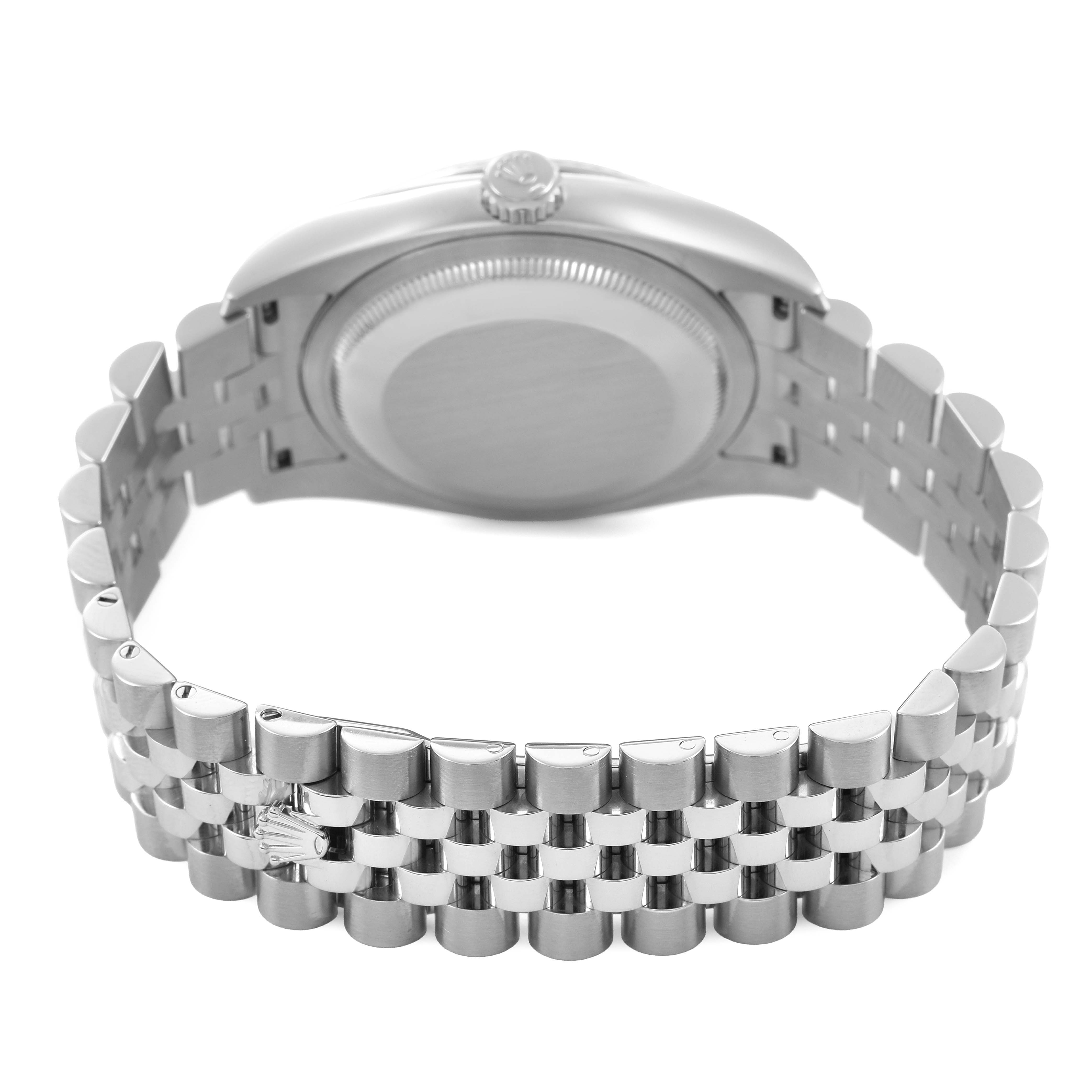 The image shows the back and side of the Rolex Datejust 116234 Men's Stainless Steel Blue Dial, highlighting the case and bracelet details.