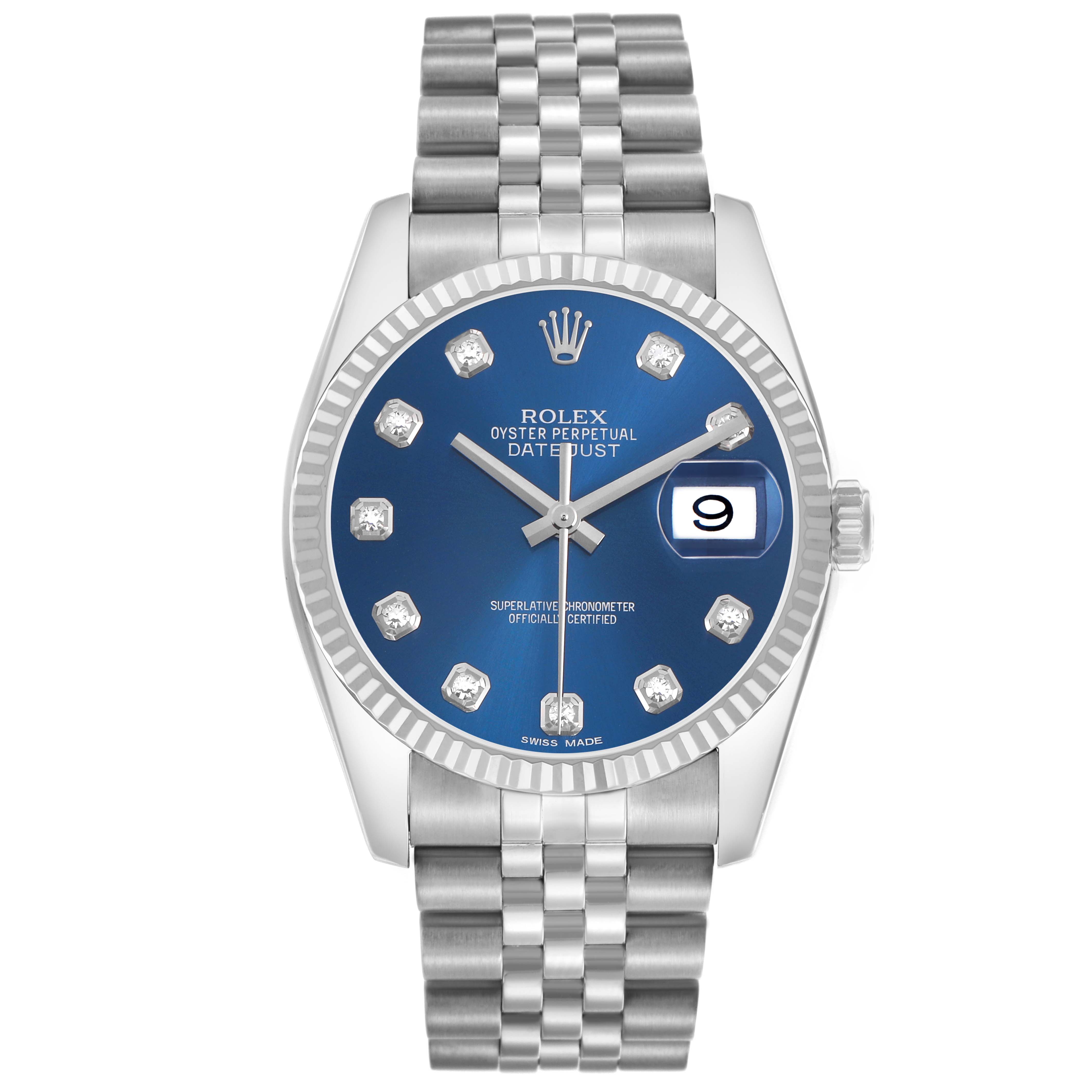 The Rolex Datejust 116234 Men's Stainless Steel Blue Dial watch is shown from the front, featuring its blue dial, fluted bezel, date window, and Jubilee bracelet.