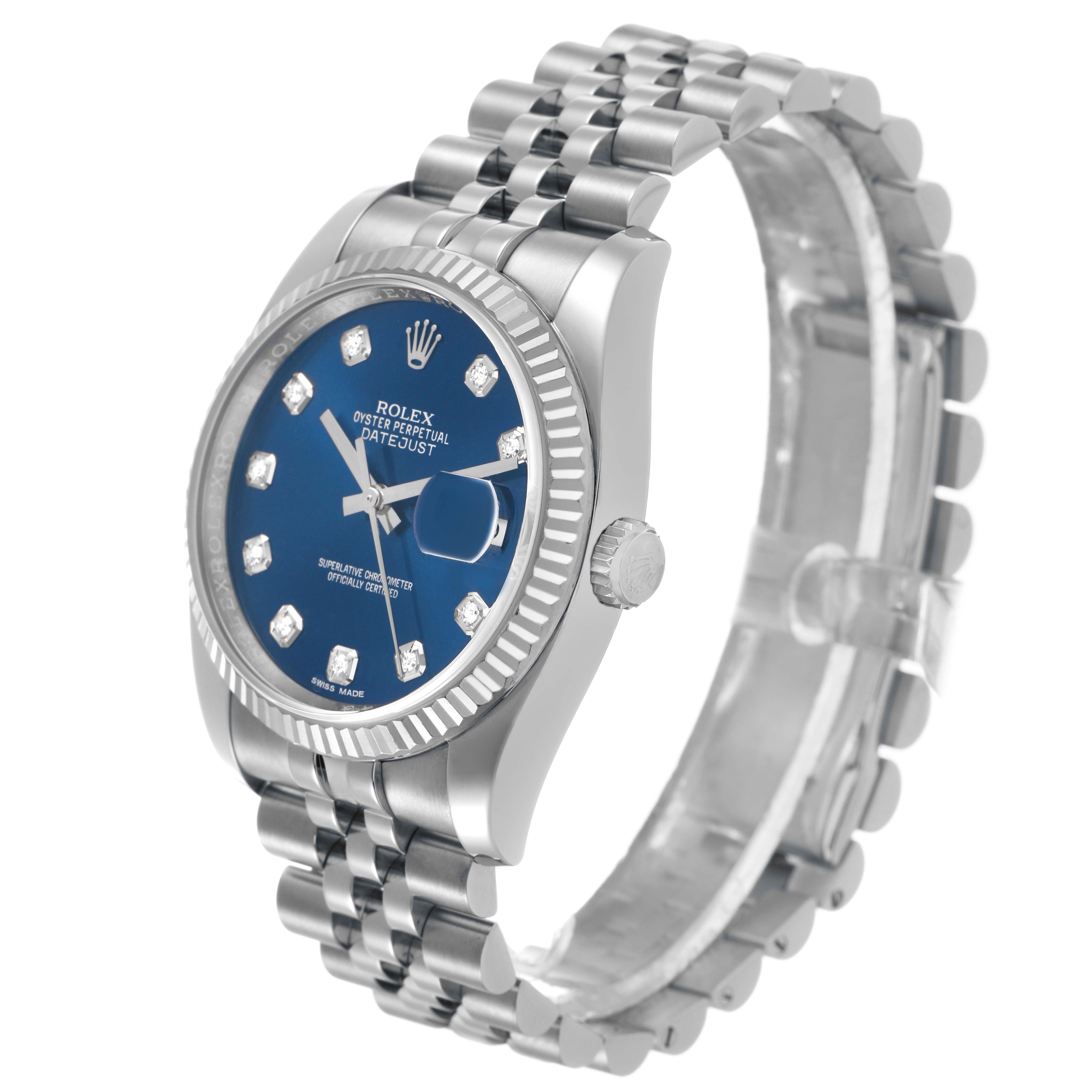 The Rolex Datejust 116234 Men's Stainless Steel Blue Dial watch is shown at a three-quarter angle, highlighting the face, case, bezel, and part of the bracelet.