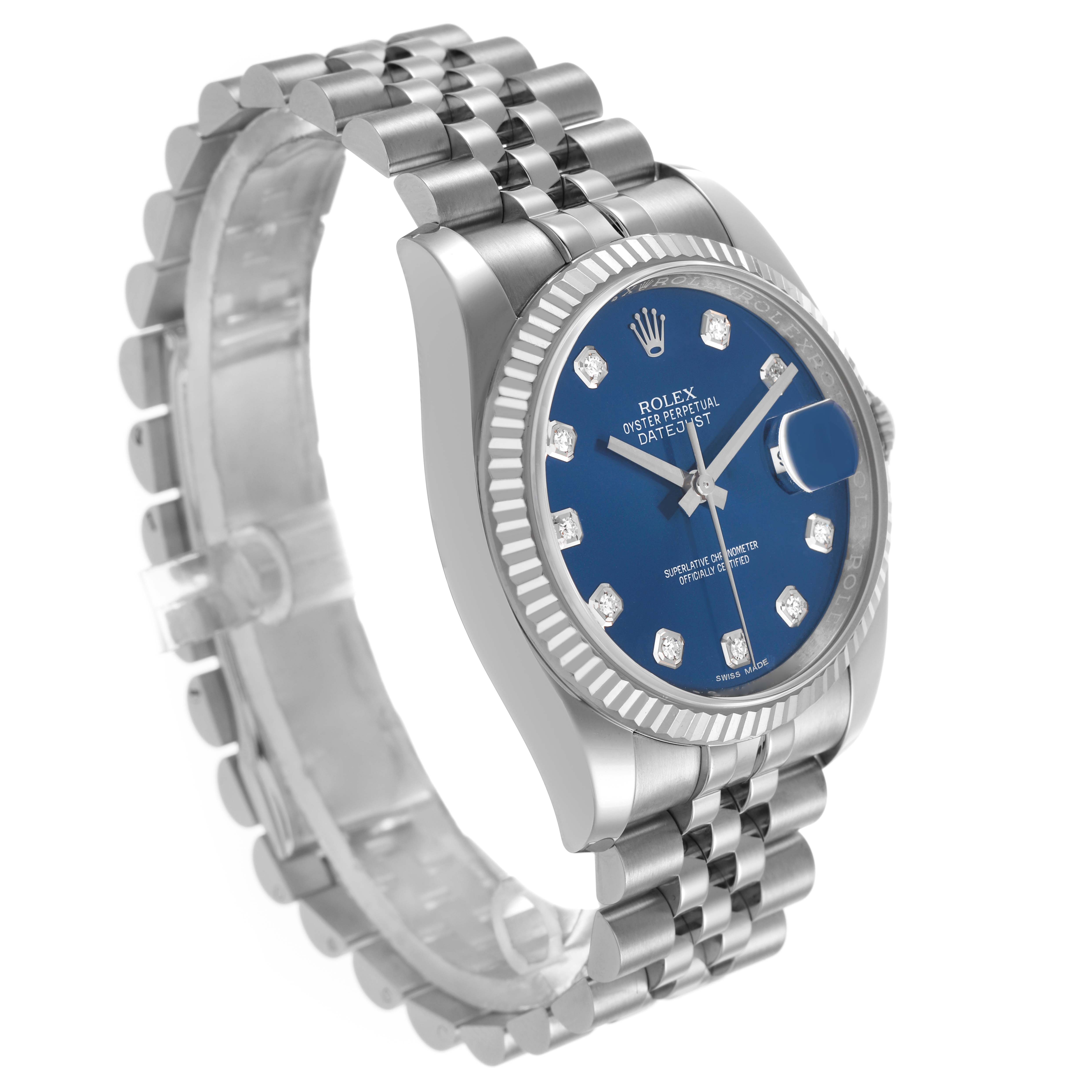 The Rolex Datejust 116234 Men's Stainless Steel Blue Dial watch is shown from an angled side view, highlighting the bracelet, bezel, and blue dial.