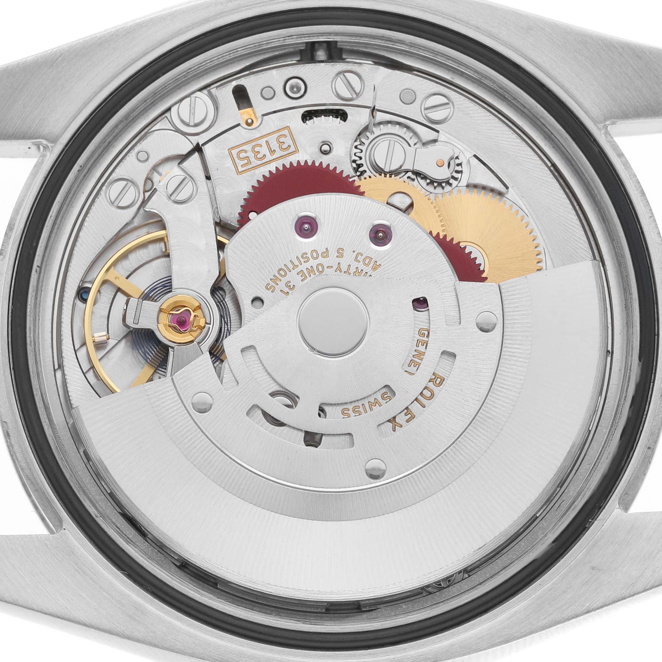 The image shows the back angle of the Rolex Datejust 116234 Men's Stainless Steel Blue Dial, highlighting its intricate movement components.