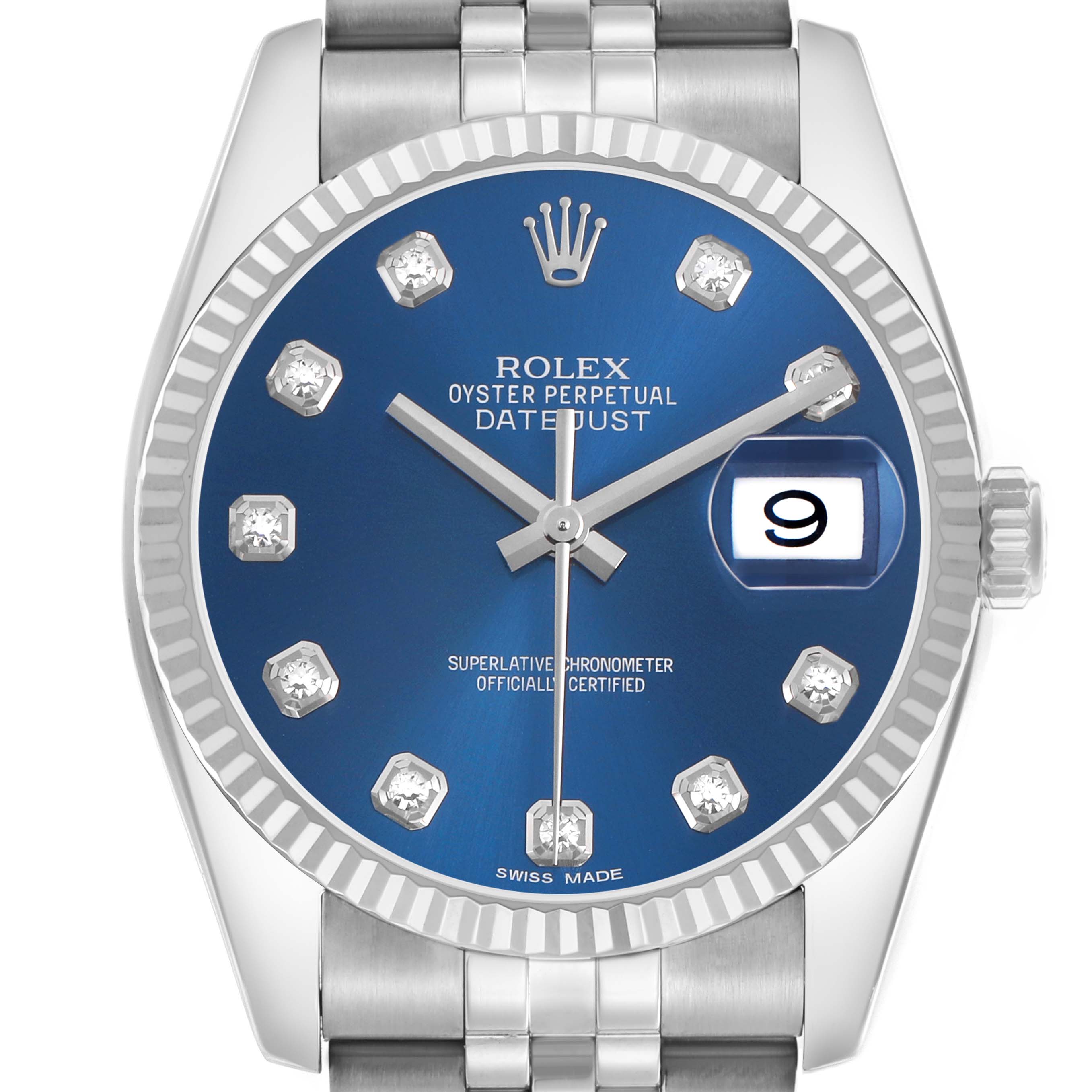 The image shows a front view of a Rolex Datejust 116234 Men's Stainless Steel Blue Dial watch, highlighting the blue dial, diamond hour markers, and date window.