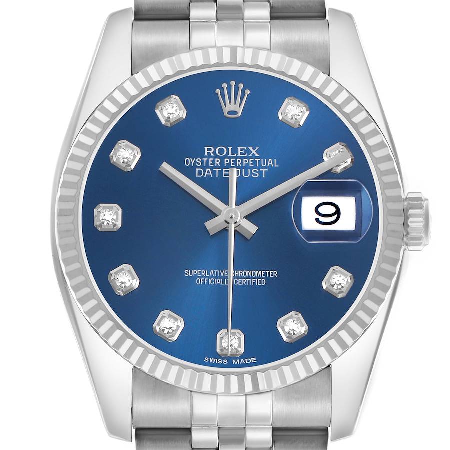 The image shows a front view of a Rolex Datejust 116234 Men's Stainless Steel Blue Dial watch, highlighting the blue dial, diamond hour markers, and date window.