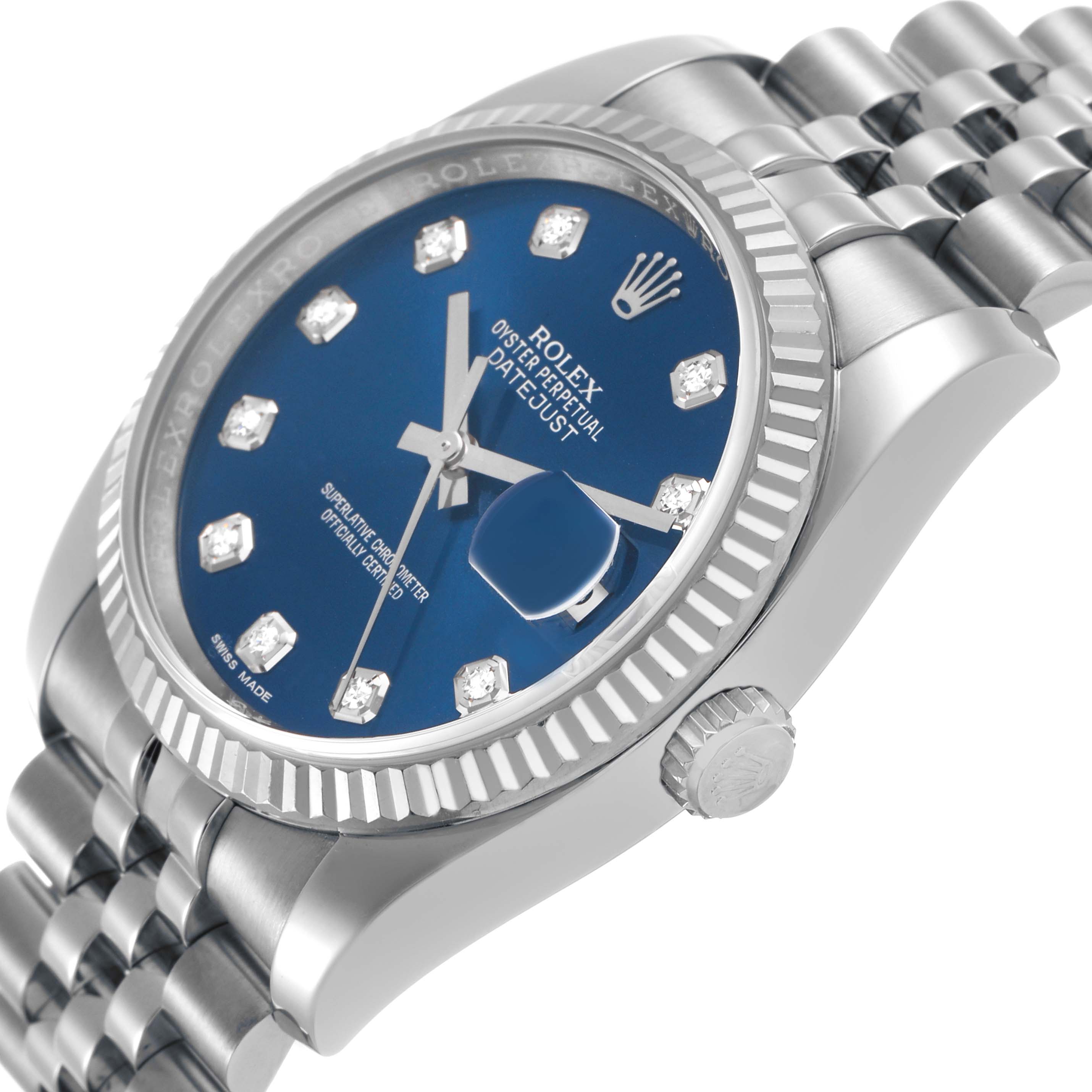 The Rolex Datejust 116234 Men's Stainless Steel Blue Dial watch is shown at an angle highlighting the dial, bezel, crown, and part of the bracelet.