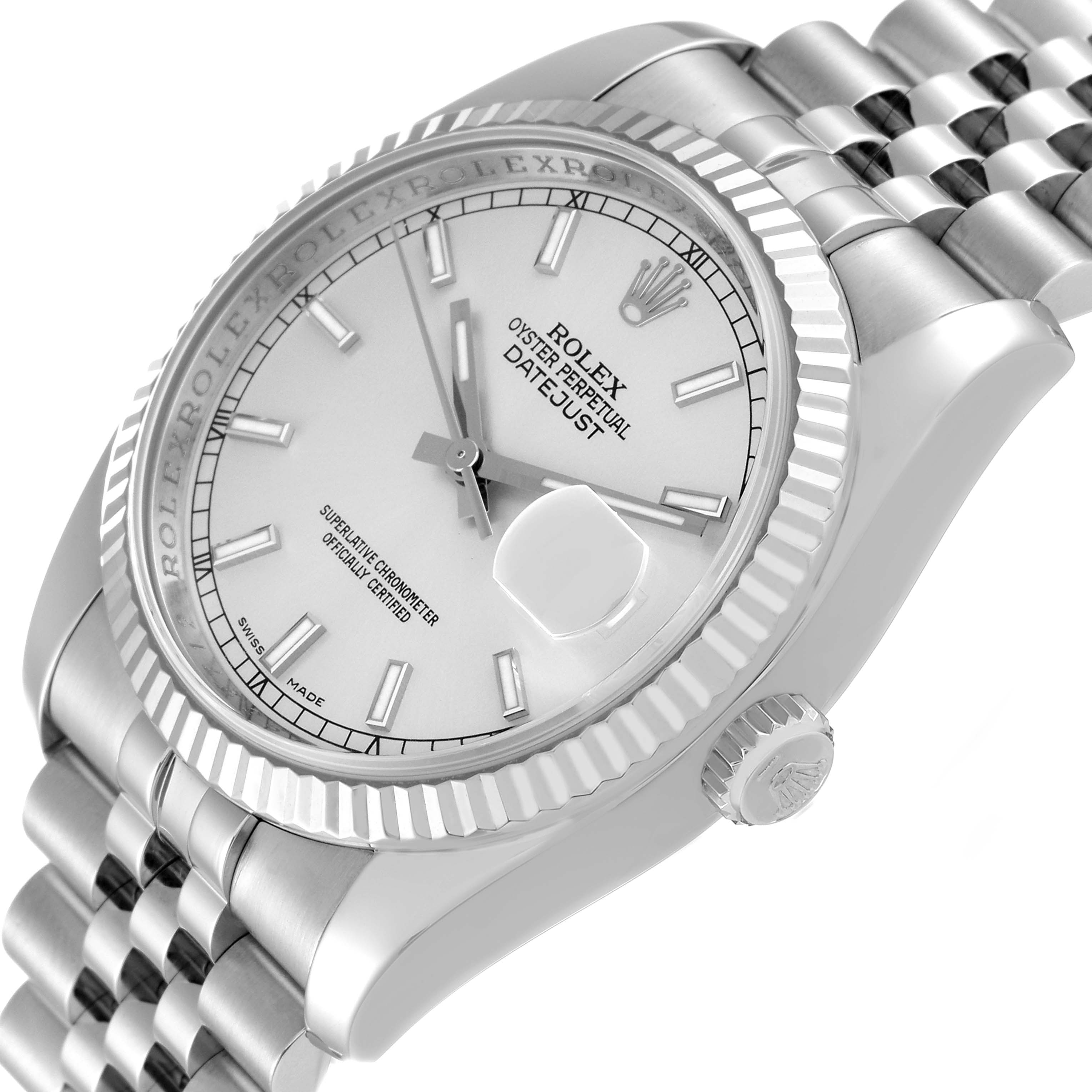 The image shows a close-up angle of the dial, fluted bezel, crown, and part of the bracelet of a Rolex Datejust 116234 Men's Stainless Steel Silver Dial 116234 Men's Stainless Steel Silver Dial watch.
