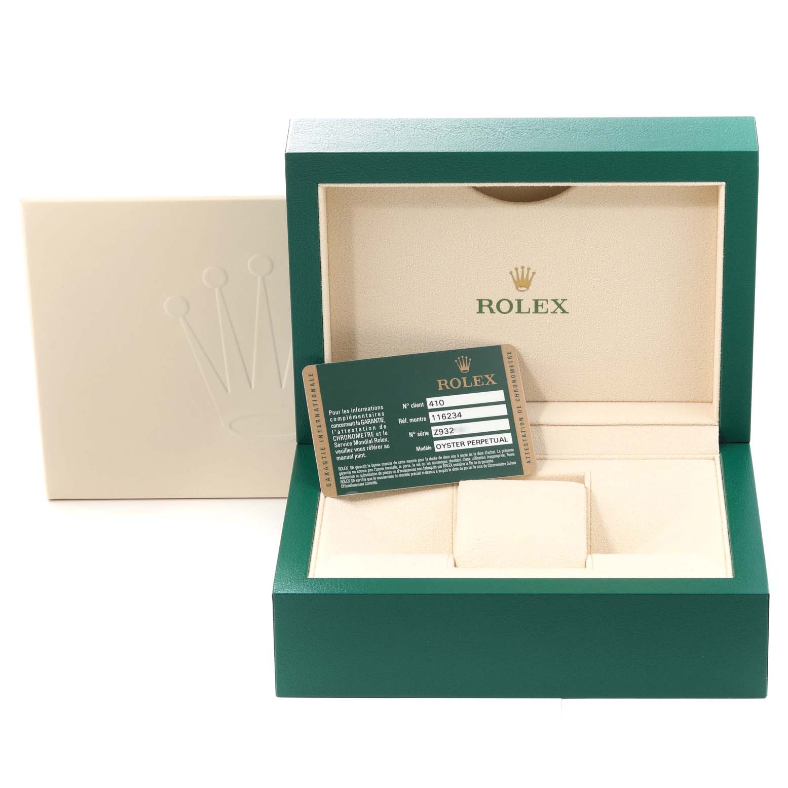 The image shows an open Rolex Datejust 116234 Men's Stainless Steel Silver Dial 116234 Men's Stainless Steel Silver Dial watch box with its inner cushion and a warranty card inside.