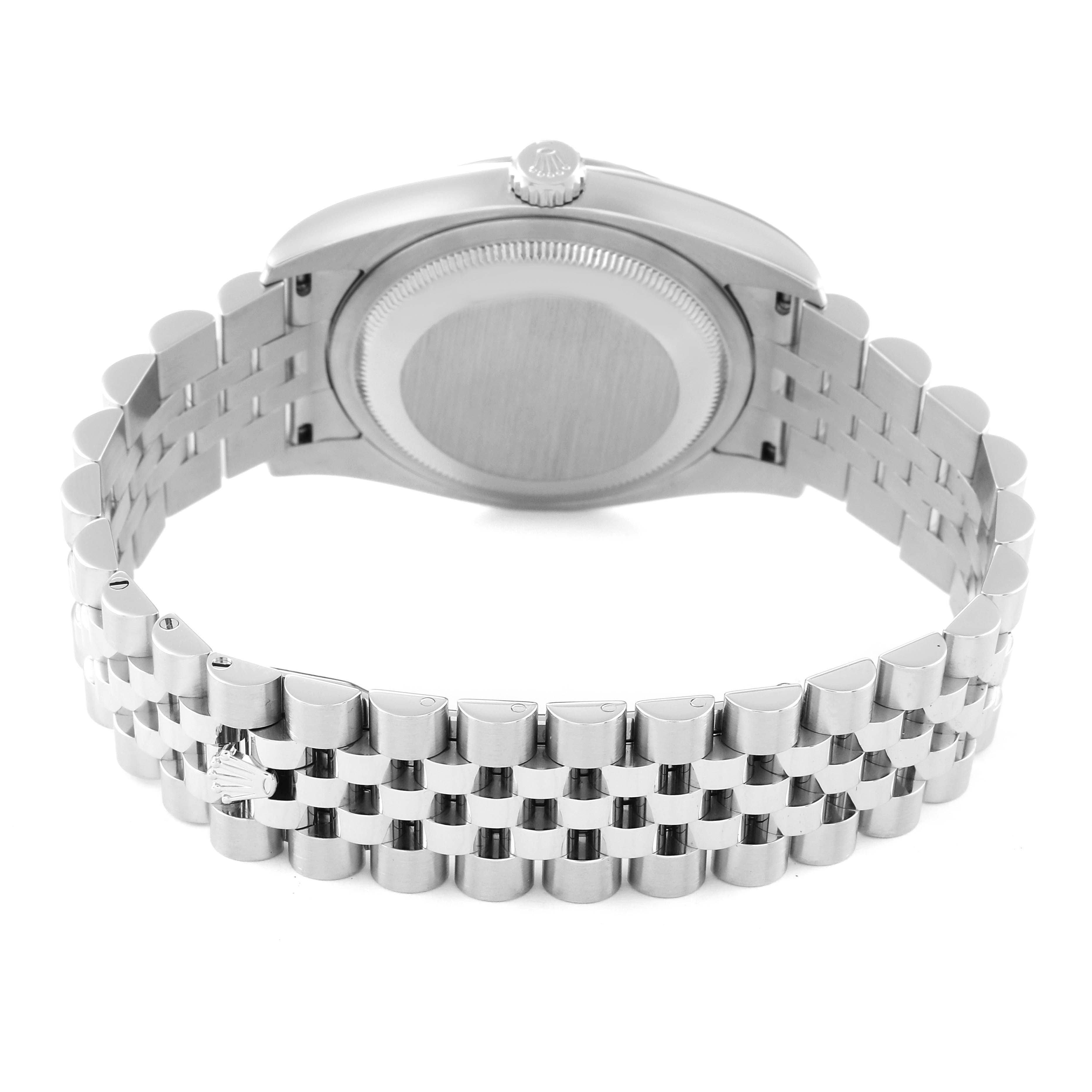 The image shows the case back and jubilee bracelet of a Rolex Datejust 116234 Men's Stainless Steel Silver Dial 116234 Men's Stainless Steel Silver Dial watch from a rear angle.