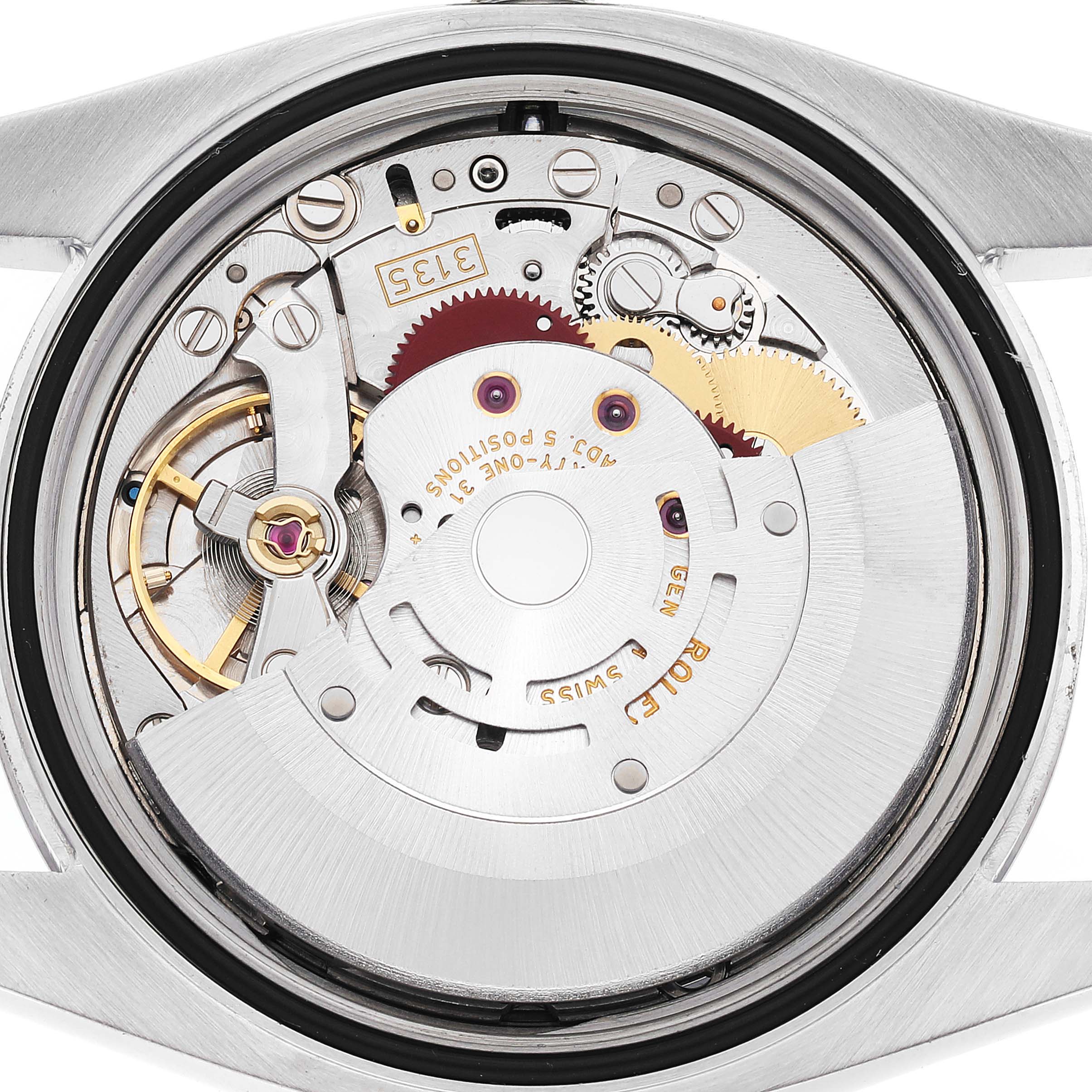 This image shows the internal movement of a Rolex Datejust 116234 Men's Stainless Steel Silver Dial 116234 Men's Stainless Steel Silver Dial watch from a back angle.