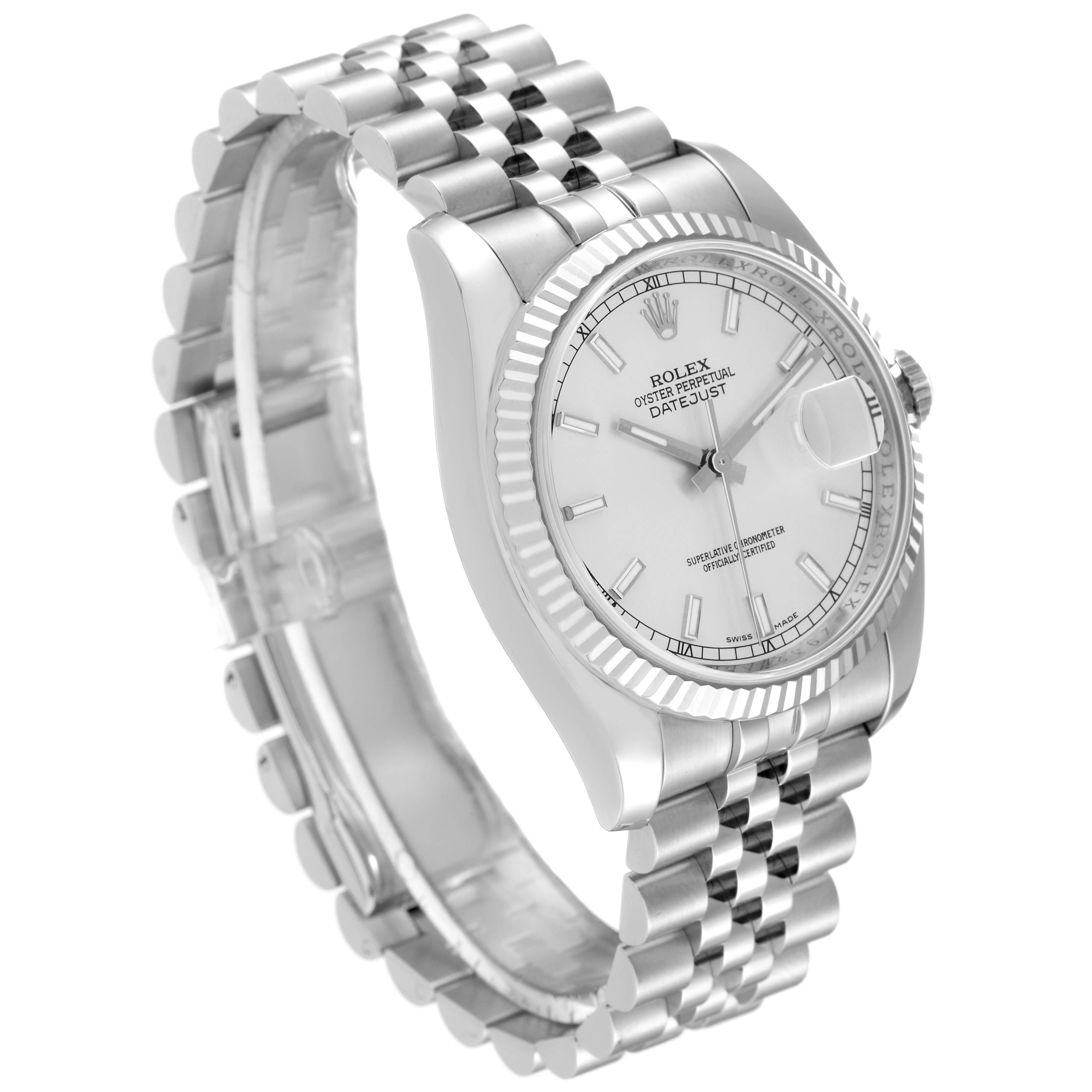 The Rolex Datejust 116234 Men's Stainless Steel Silver Dial 116234 Men's Stainless Steel Silver Dial watch is shown from a three-quarter angle, highlighting the face, bezel, and Jubilee bracelet.
