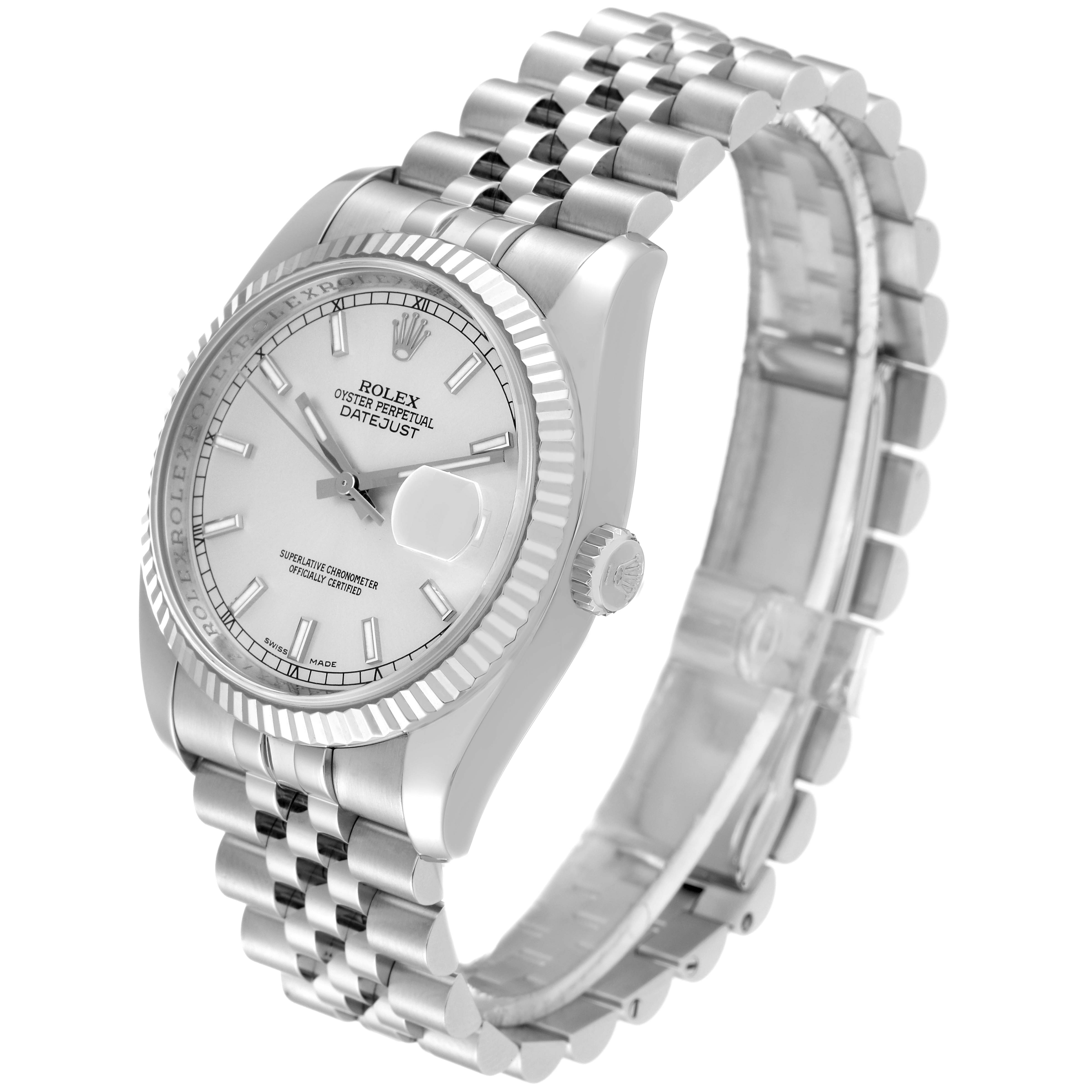 The Rolex Datejust 116234 Men's Stainless Steel Silver Dial 116234 Men's Stainless Steel Silver Dial watch is shown at a slight left angle, highlighting the dial, crown, and Jubilee bracelet.