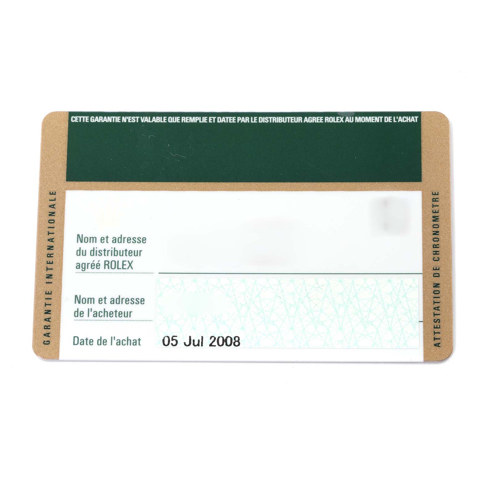 This image shows a blank warranty card dated July 5, 2008, for the Rolex Datejust 116234 Men's Stainless Steel Silver Dial 116234 Men's Stainless Steel Silver Dial model.