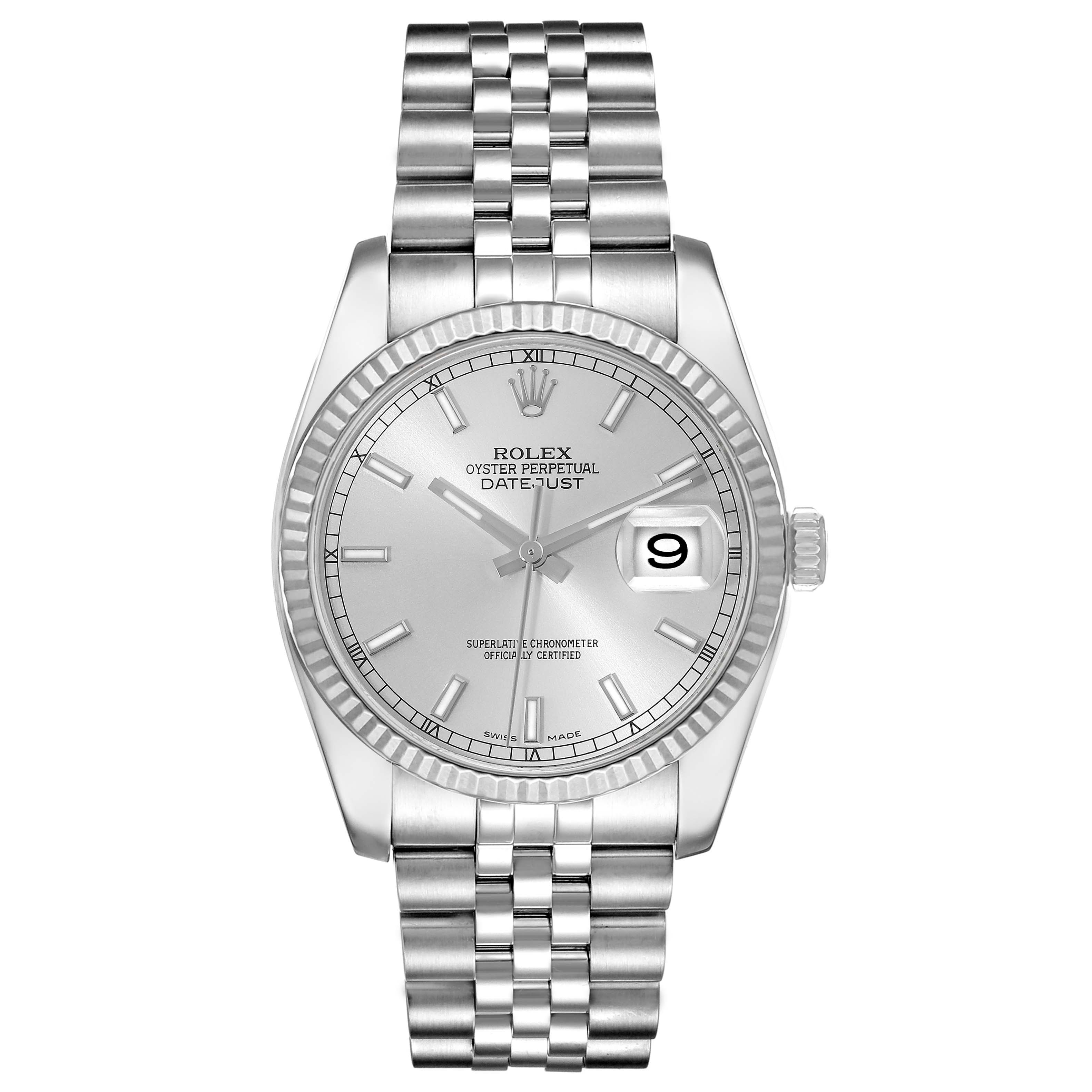 This image shows a front view of a Rolex Datejust 116234 Men's Stainless Steel Silver Dial 116234 Men's Stainless Steel Silver Dial watch, displaying its dial, bezel, and bracelet.
