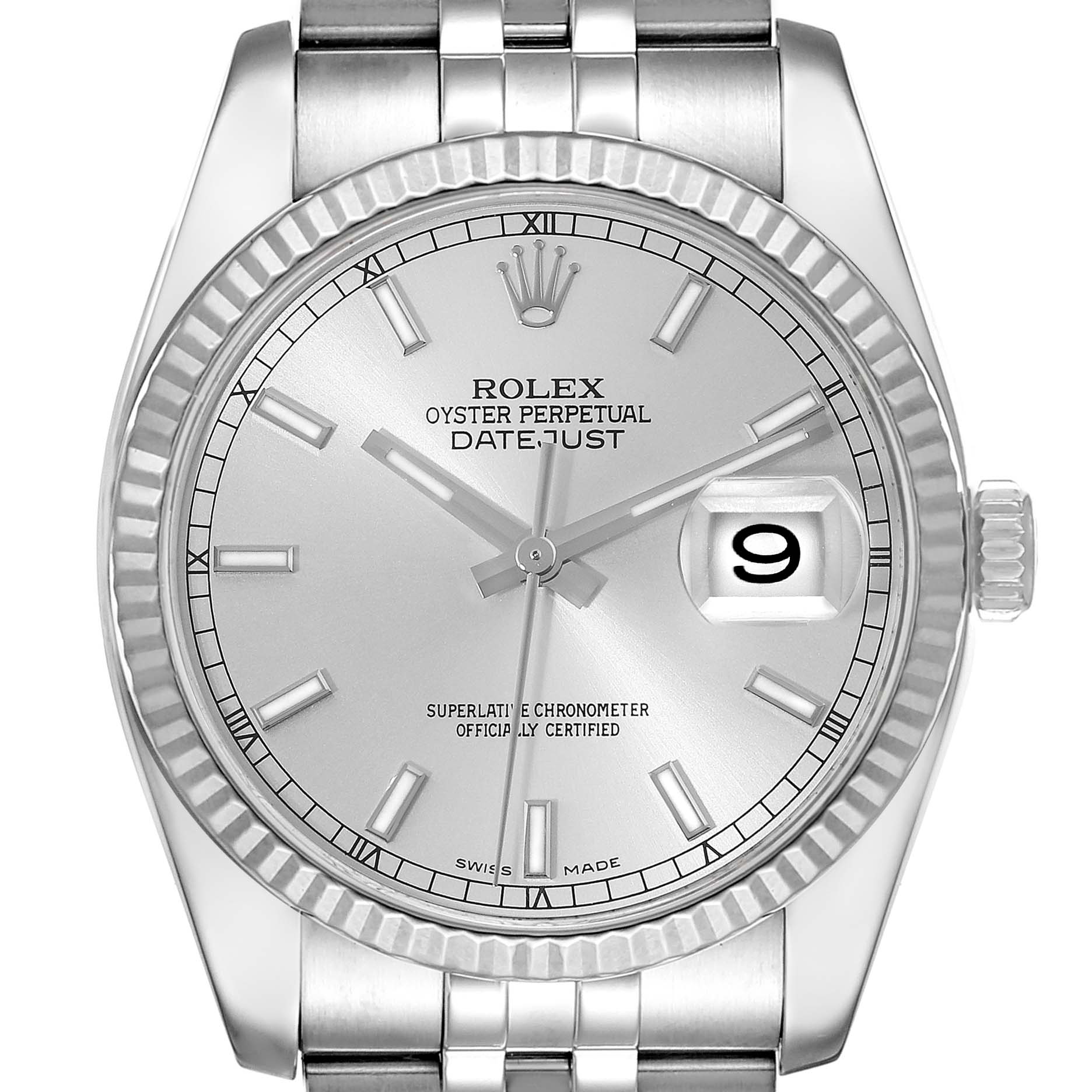 This image shows a frontal view of the Rolex Datejust 116234 Men's Stainless Steel Silver Dial 116234 Men's Stainless Steel Silver Dial watch, highlighting its dial, bezel, and bracelet.