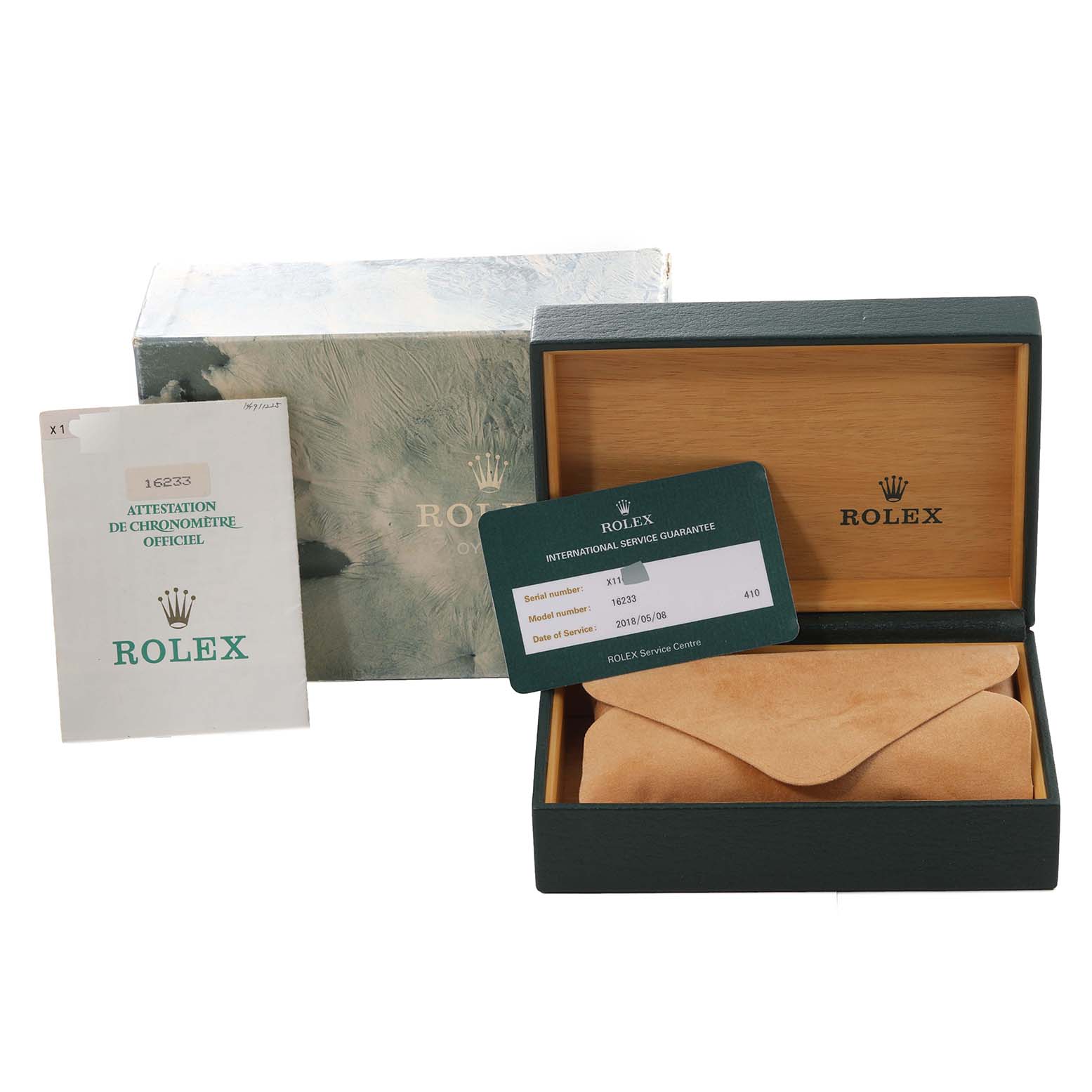 The image shows a Rolex Datejust 16233 Men's Steel and Gold (two tone) Black Dial 16233 Men's Steel and Gold (two tone) Black Dial watch box, service guarantee card, and the official chronometer certification.