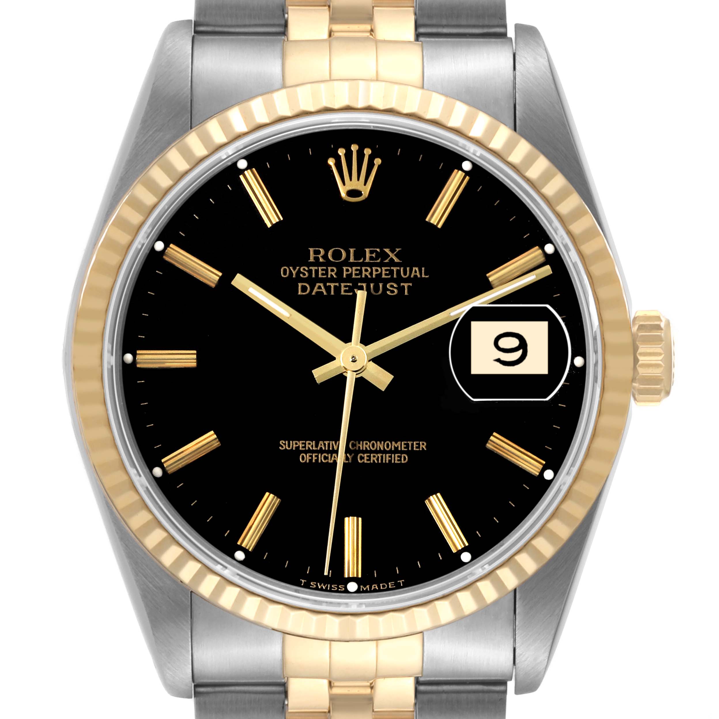 This image shows a front view of the Rolex Datejust 16233 Men's Steel and Gold (two tone) Black Dial 16233 Men's Steel and Gold (two tone) Black Dial watch with a black dial and a two-tone stainless steel and gold bracelet.