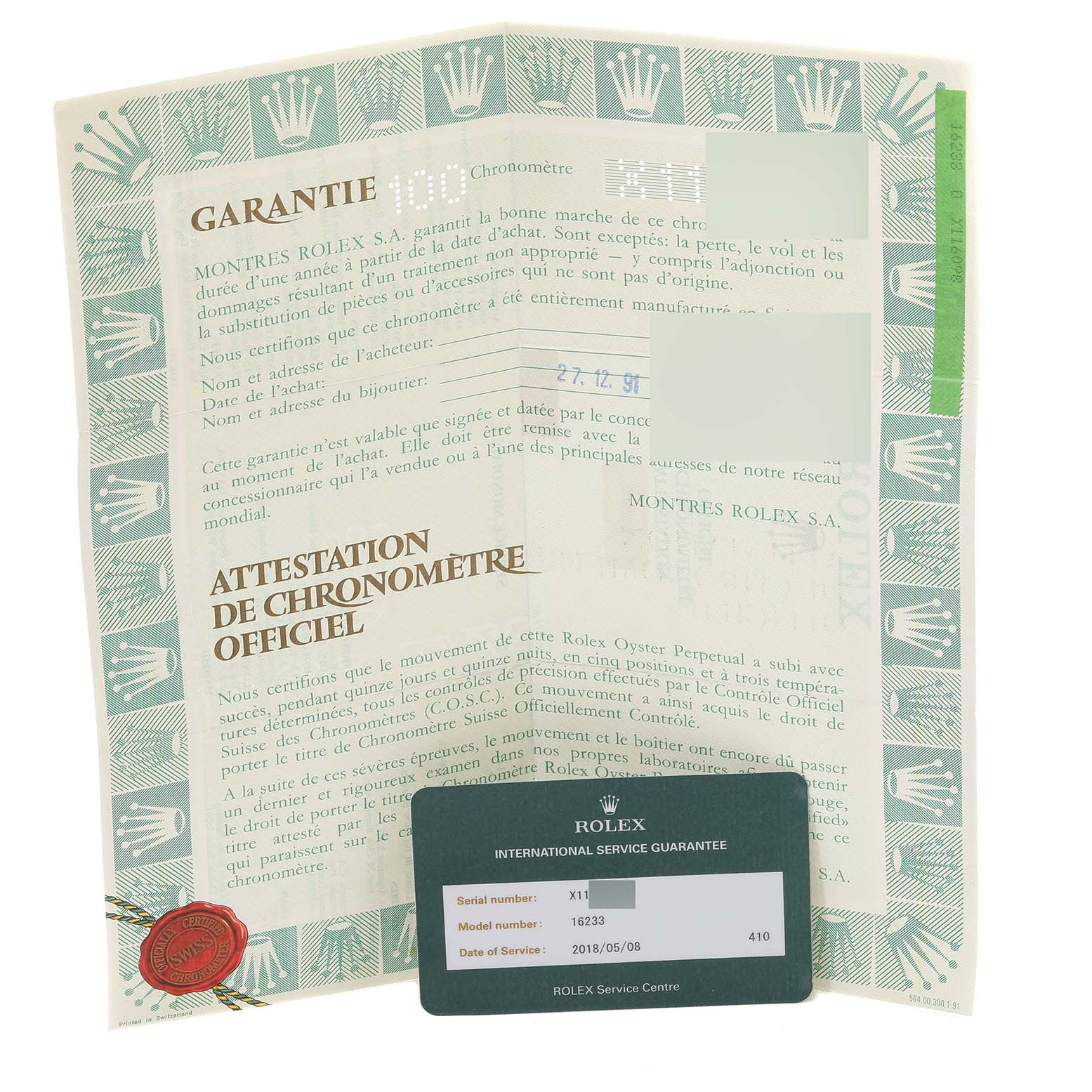 The image shows warranty and chronometer certification papers for a Rolex Datejust 16233 Men's Steel and Gold (two tone) Black Dial 16233 Men's Steel and Gold (two tone) Black Dial model along with an international service guarantee card.