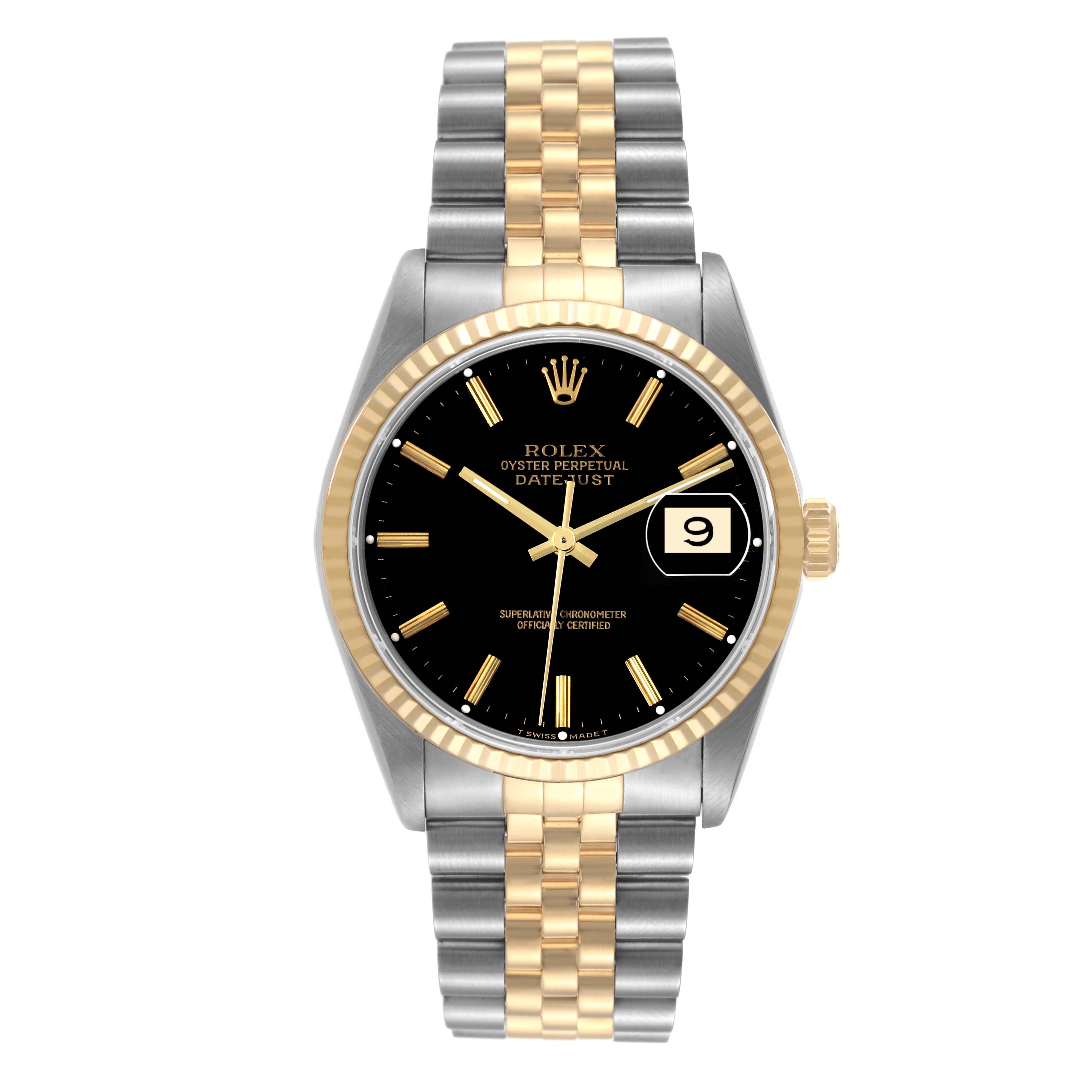 The Rolex Datejust 16233 Men's Steel and Gold (two tone) Black Dial 16233 Men's Steel and Gold (two tone) Black Dial watch is shown from a frontal angle, displaying its dial, bezel, and bracelet.