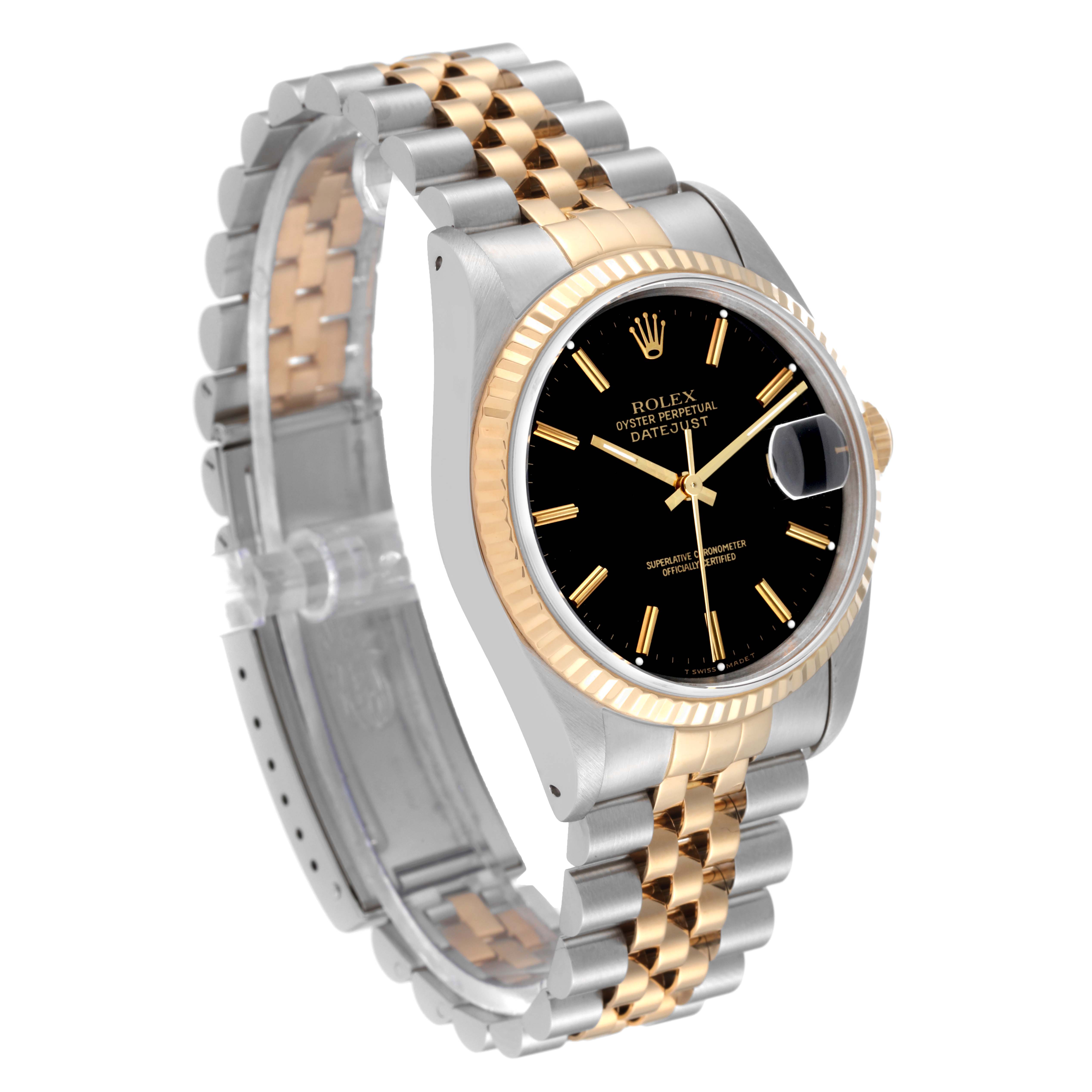 The image shows a Rolex Datejust 16233 Men's Steel and Gold (two tone) Black Dial 16233 Men's Steel and Gold (two tone) Black Dial watch at a three-quarter angle, highlighting the black dial, date function, and two-tone bracelet.