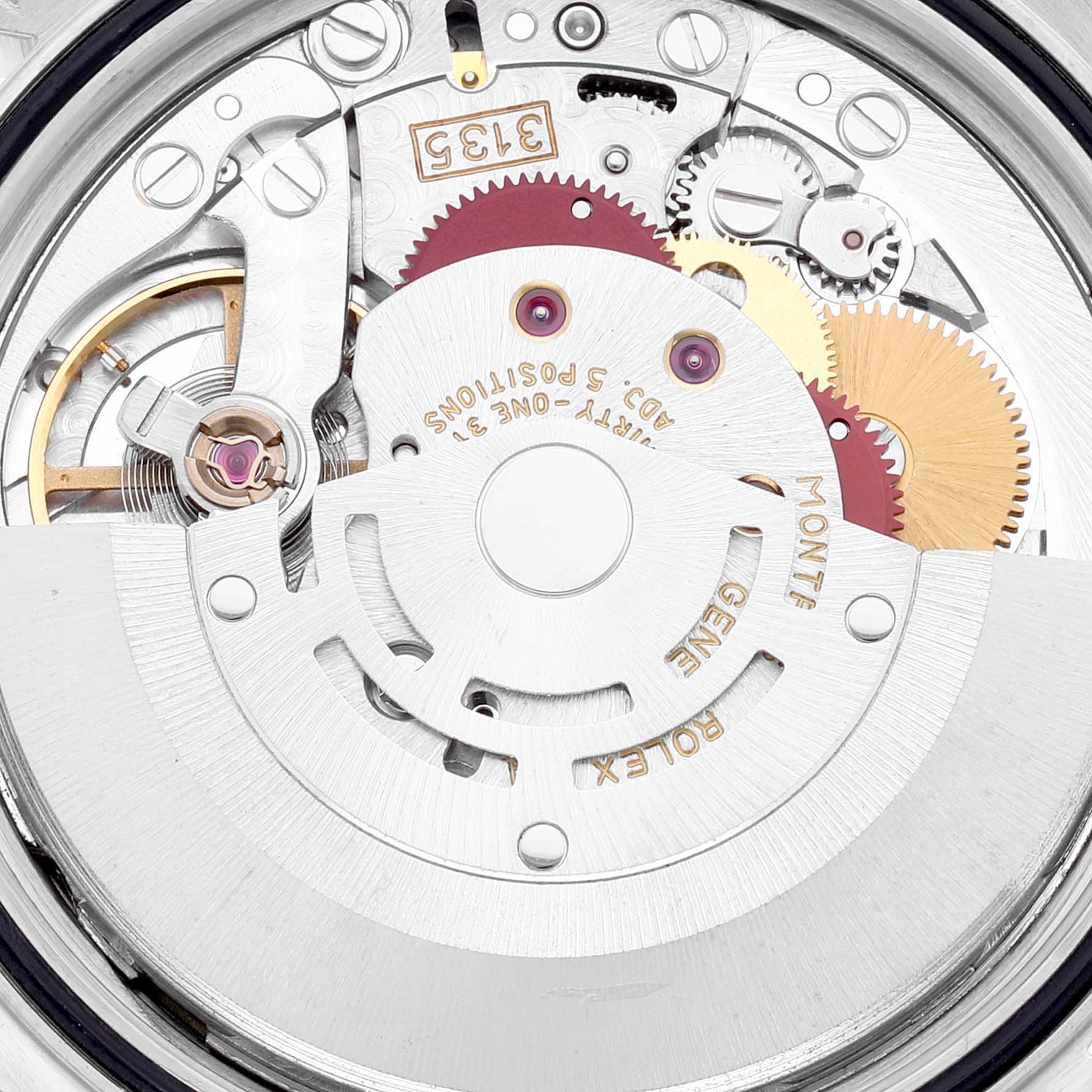 This image shows the internal mechanism of a Rolex Datejust 16233 Men's Steel and Gold (two tone) Black Dial 16233 Men's Steel and Gold (two tone) Black Dial watch, focusing on its intricate gears and movement parts.