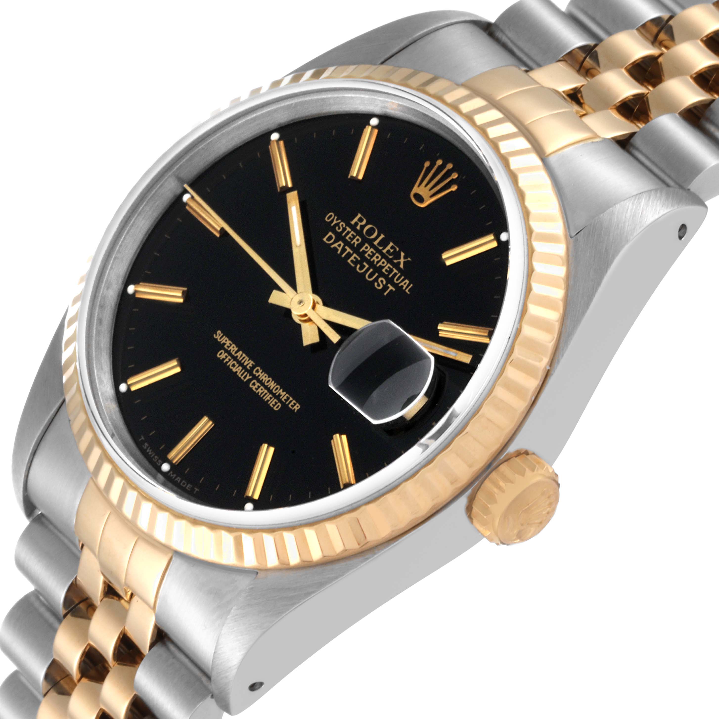 This image shows a close-up angle of the Rolex Datejust 16233 Men's Steel and Gold (two tone) Black Dial 16233 Men's Steel and Gold (two tone) Black Dial watch face, crown, and a portion of its two-tone bracelet.