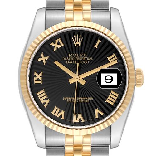 The image shows a frontal view of a Rolex Datejust watch, highlighting its black dial, gold Roman numerals, and two-tone bracelet.