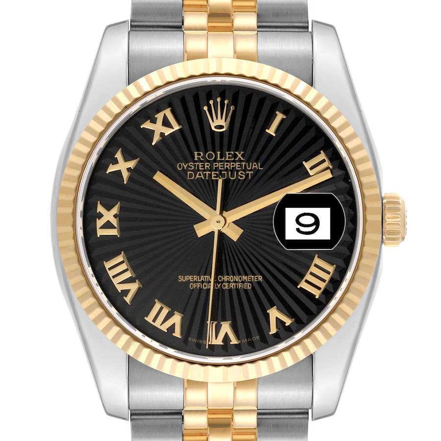 The image shows a front view of a Rolex Datejust watch, highlighting its gold and silver bracelet and black dial with Roman numerals.