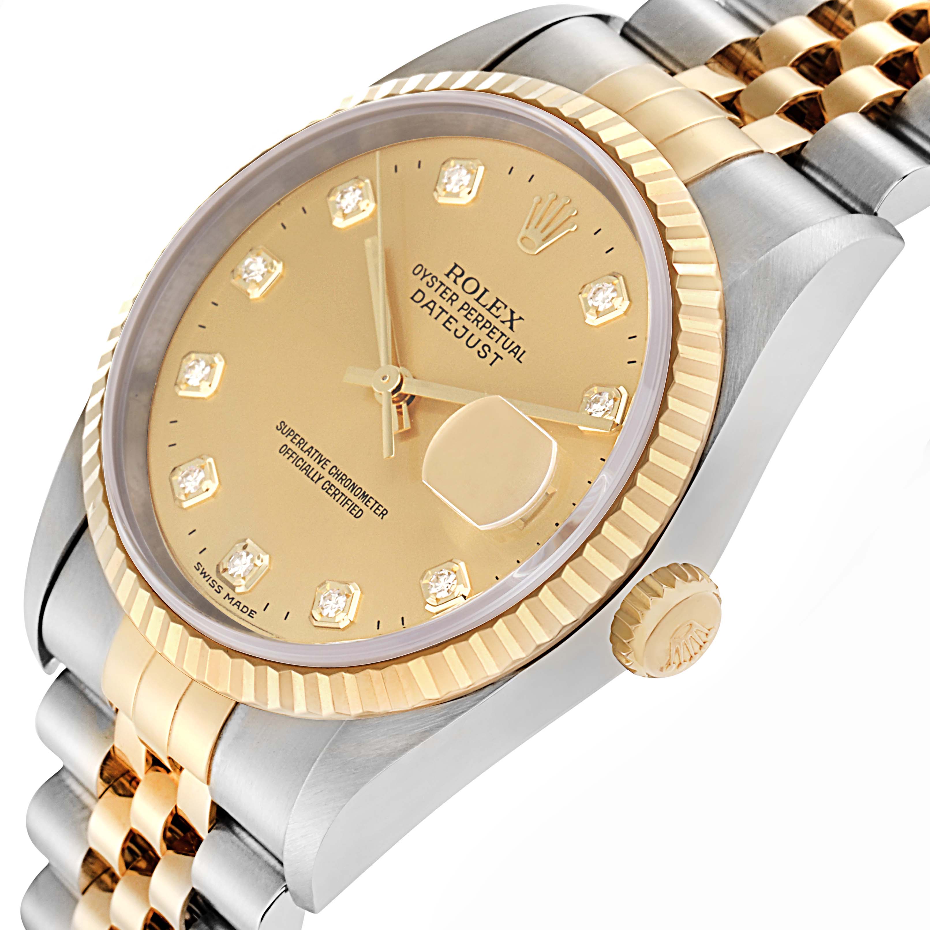The Rolex Datejust model 16233 watch is shown at a slight angle, highlighting its gold dial, diamond hour markers, fluted bezel, and Jubilee bracelet.
