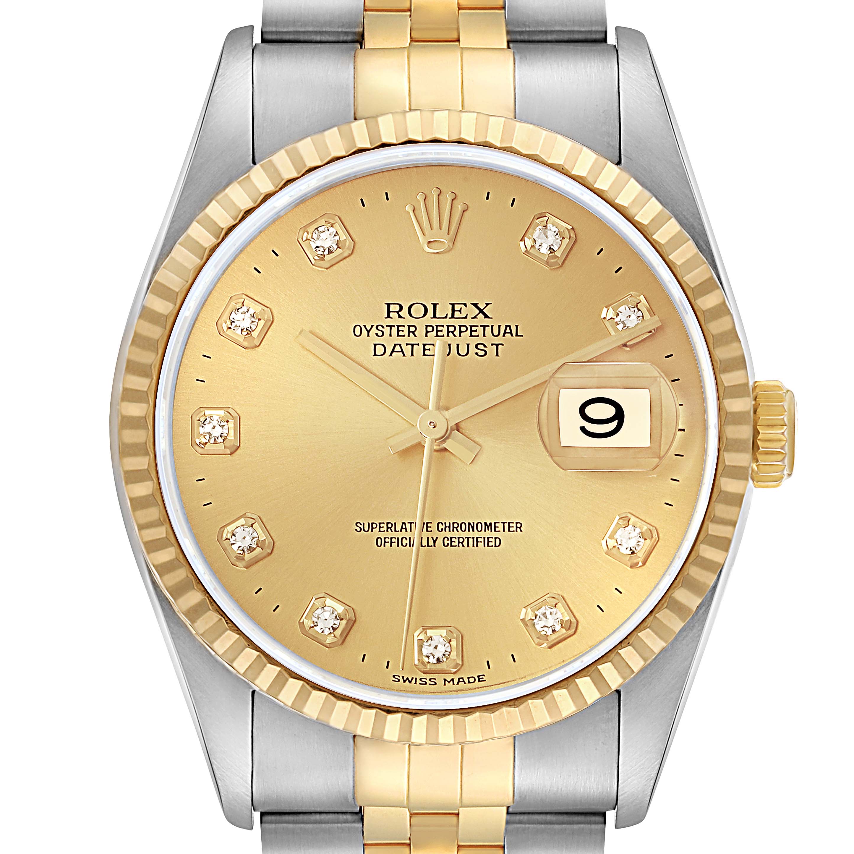 The Rolex Datejust 16233 Men
s watch is shown from the front, highlighting the gold dial, fluted bezel, date function, and two-tone bracelet.