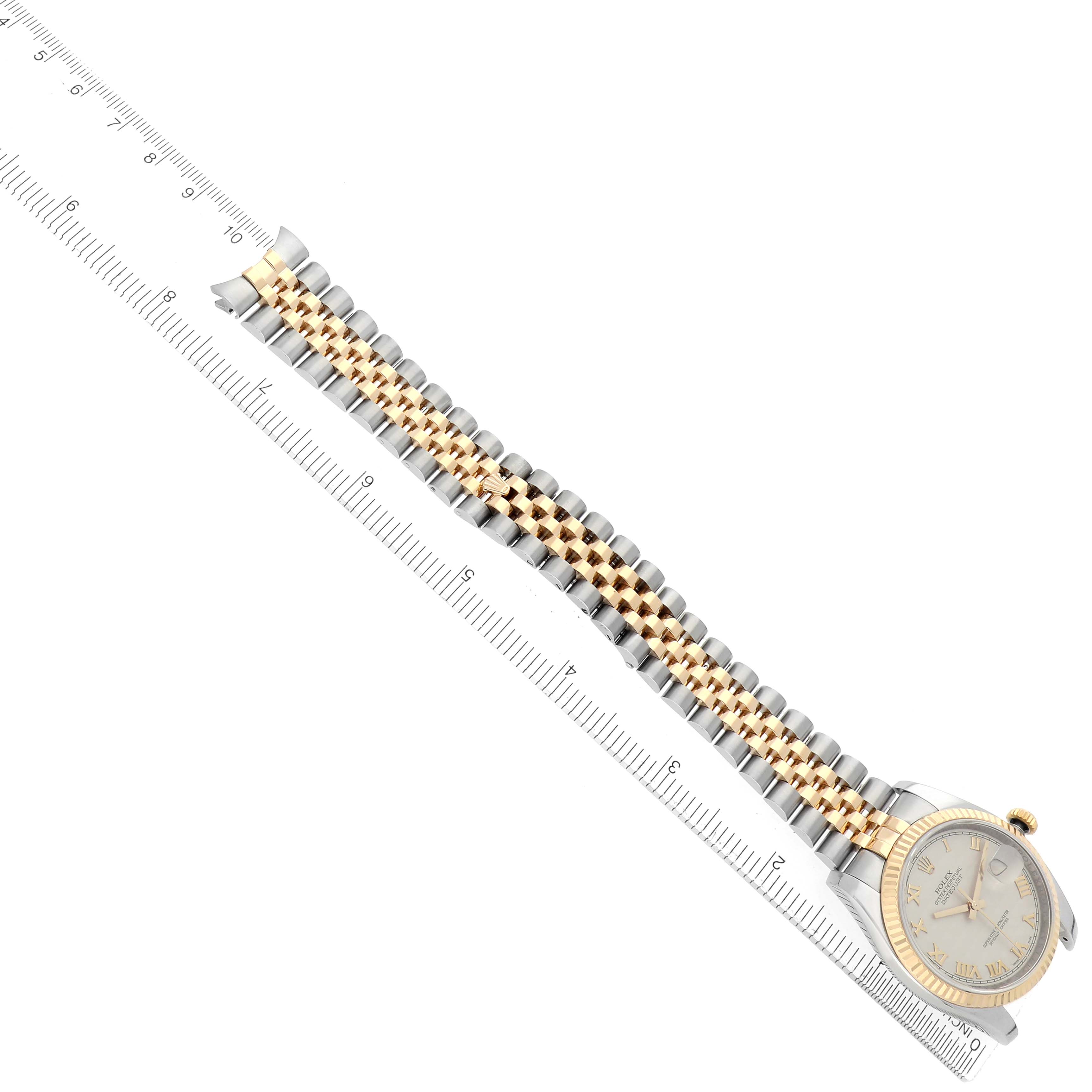 The image shows a Rolex Datejust model 116233 watch from an overhead angle, displaying its gold and silver bracelet alongside a portion of the face and bezel.