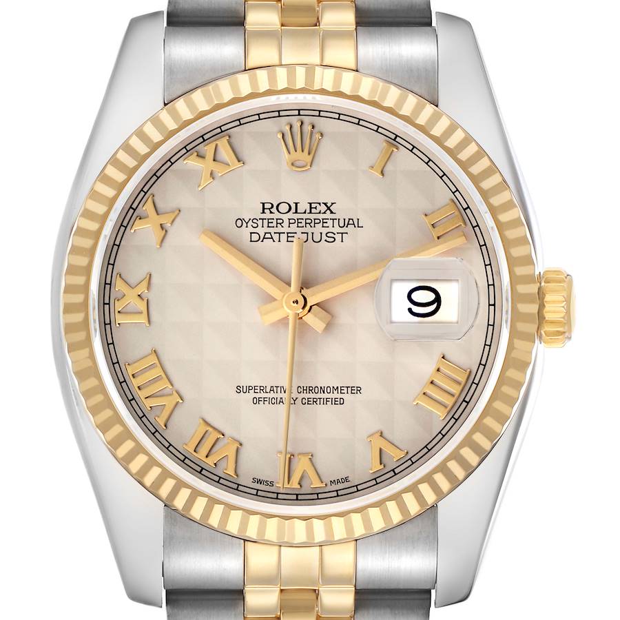 The image shows a front view of the Rolex Datejust model 116233, displaying the dial, hands, date window, bezel, and part of the bracelet.