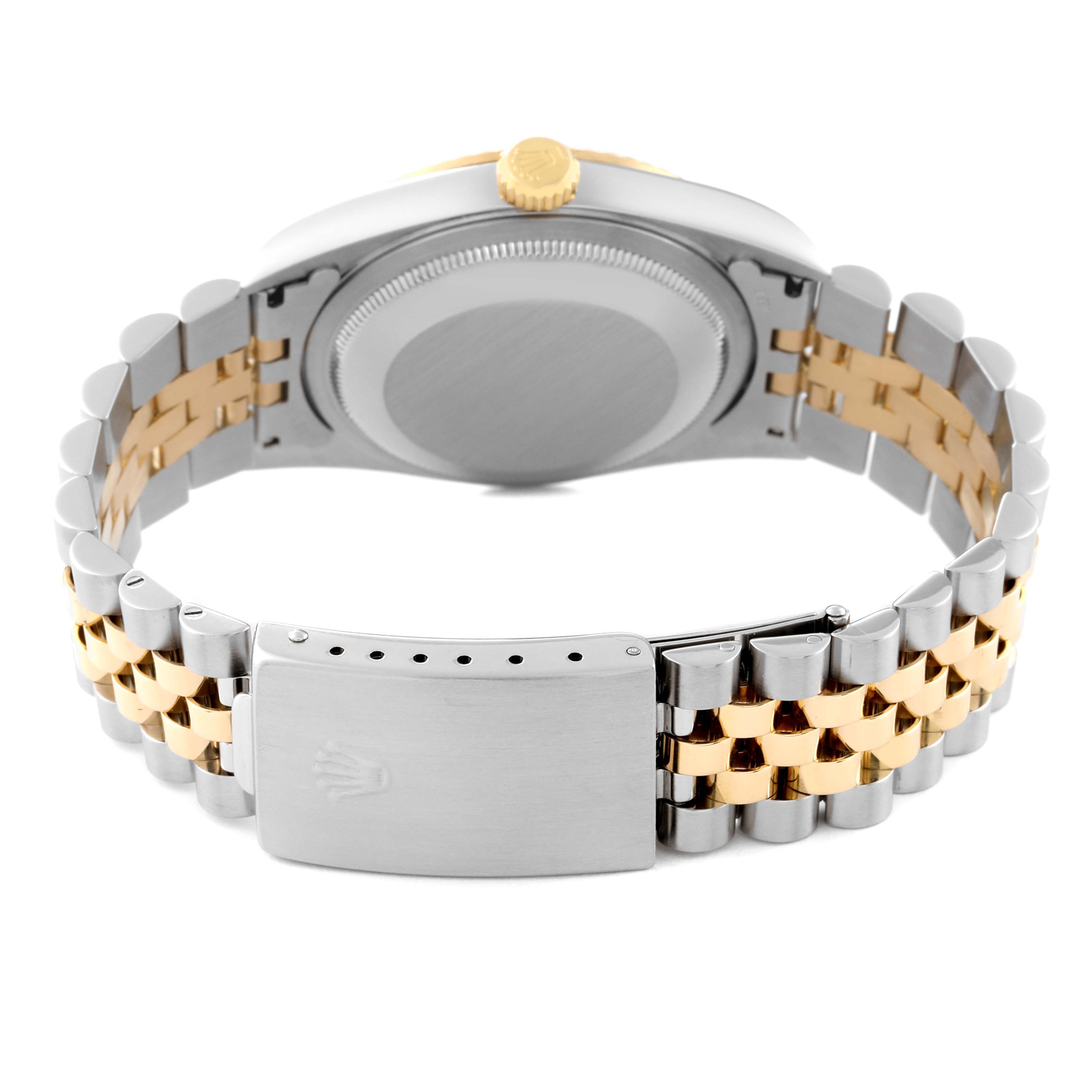 This image shows the back of the case and clasp of a Rolex Datejust 16233 Men's Steel and Gold (two tone) White Dial 16233 Men's Steel and Gold (two tone) White Dial watch, highlighting the two-tone bracelet.
